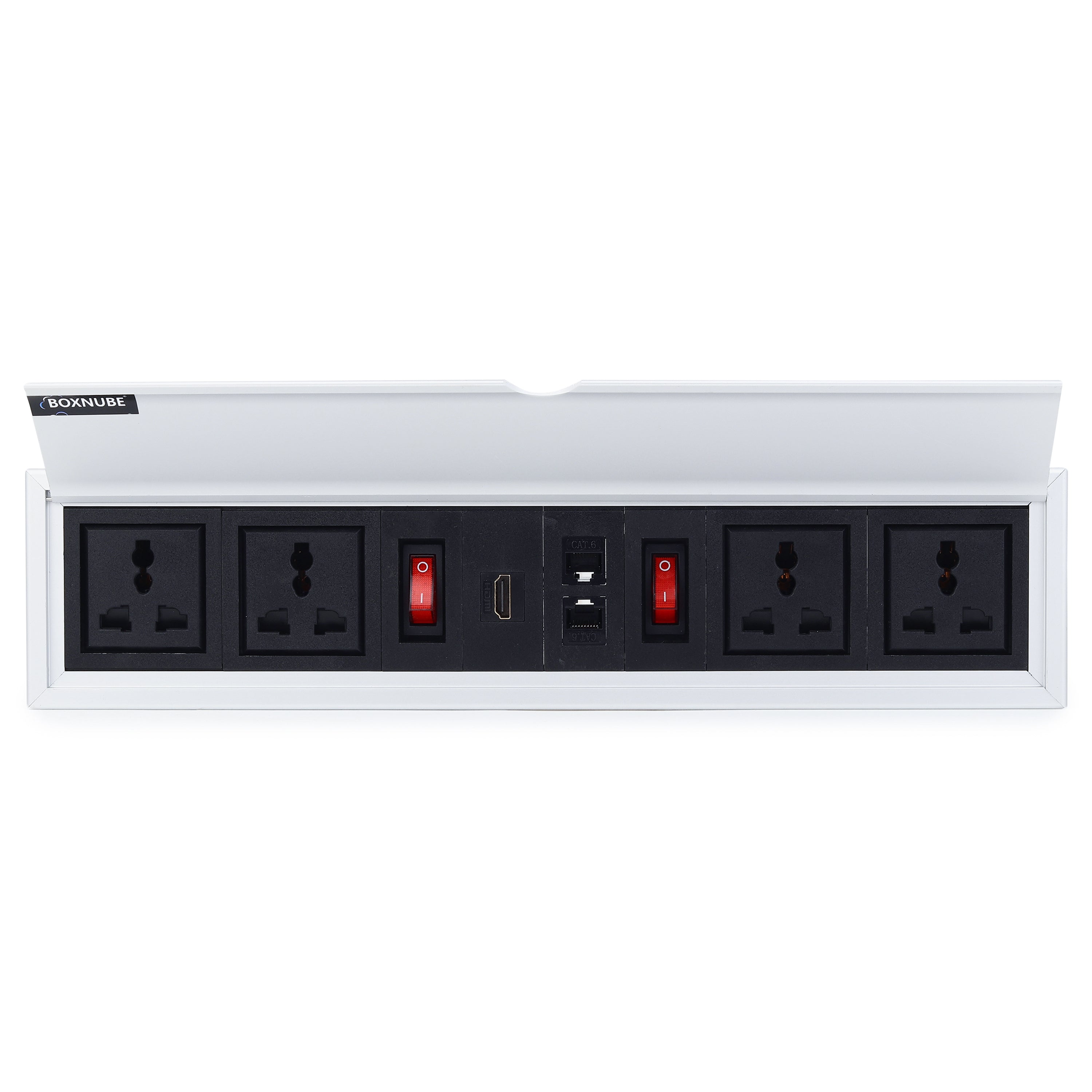 BOXNUBE Fliptop Box Cable Cubby Extension Board with 2 x On/Off Switch, 4 x Universal Power Sockets, 2 x LAN, HDMI Ports