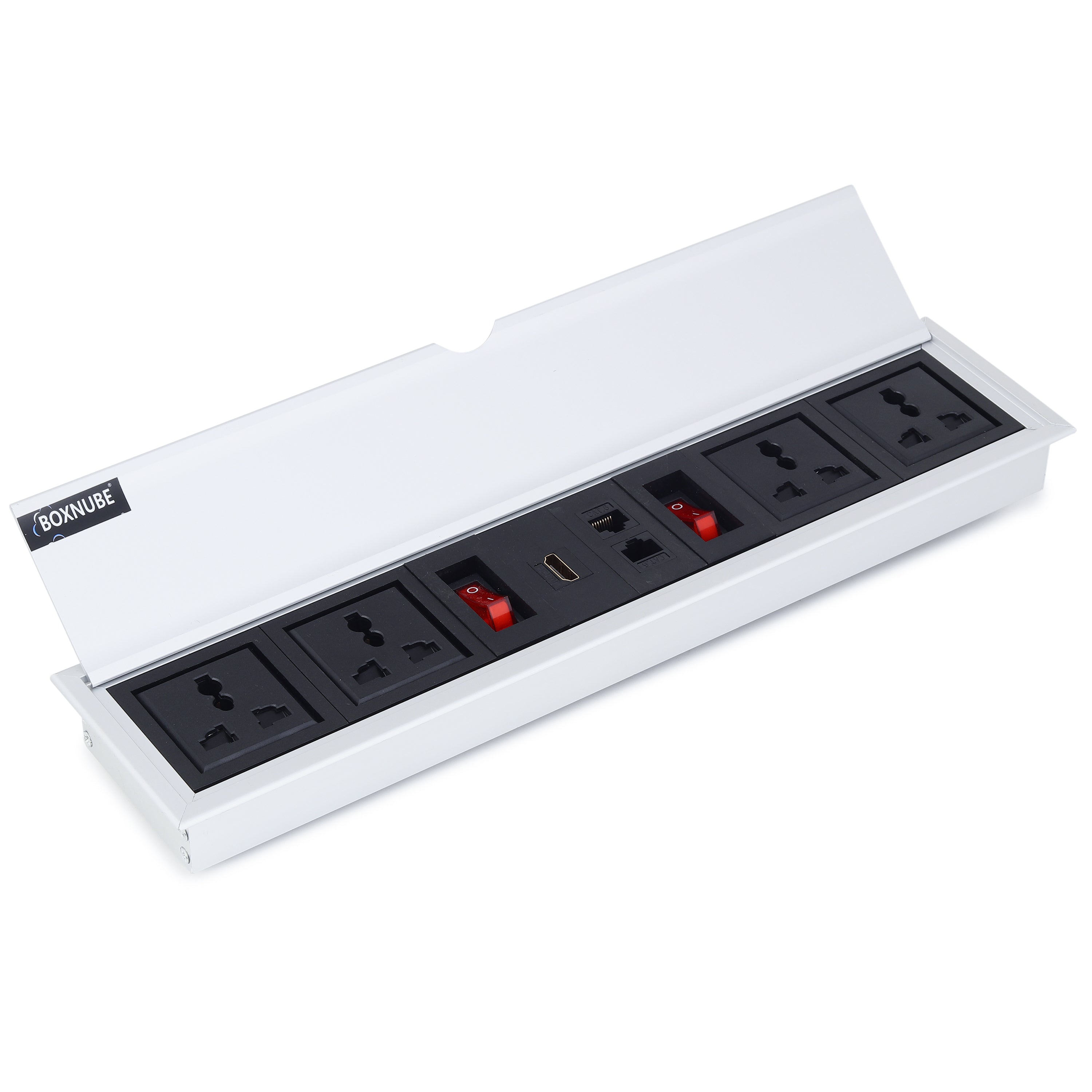 BOXNUBE Fliptop Box Cable Cubby Extension Board with 2 x On/Off Switch, 4 x Universal Power Sockets, 2 x LAN, HDMI Ports