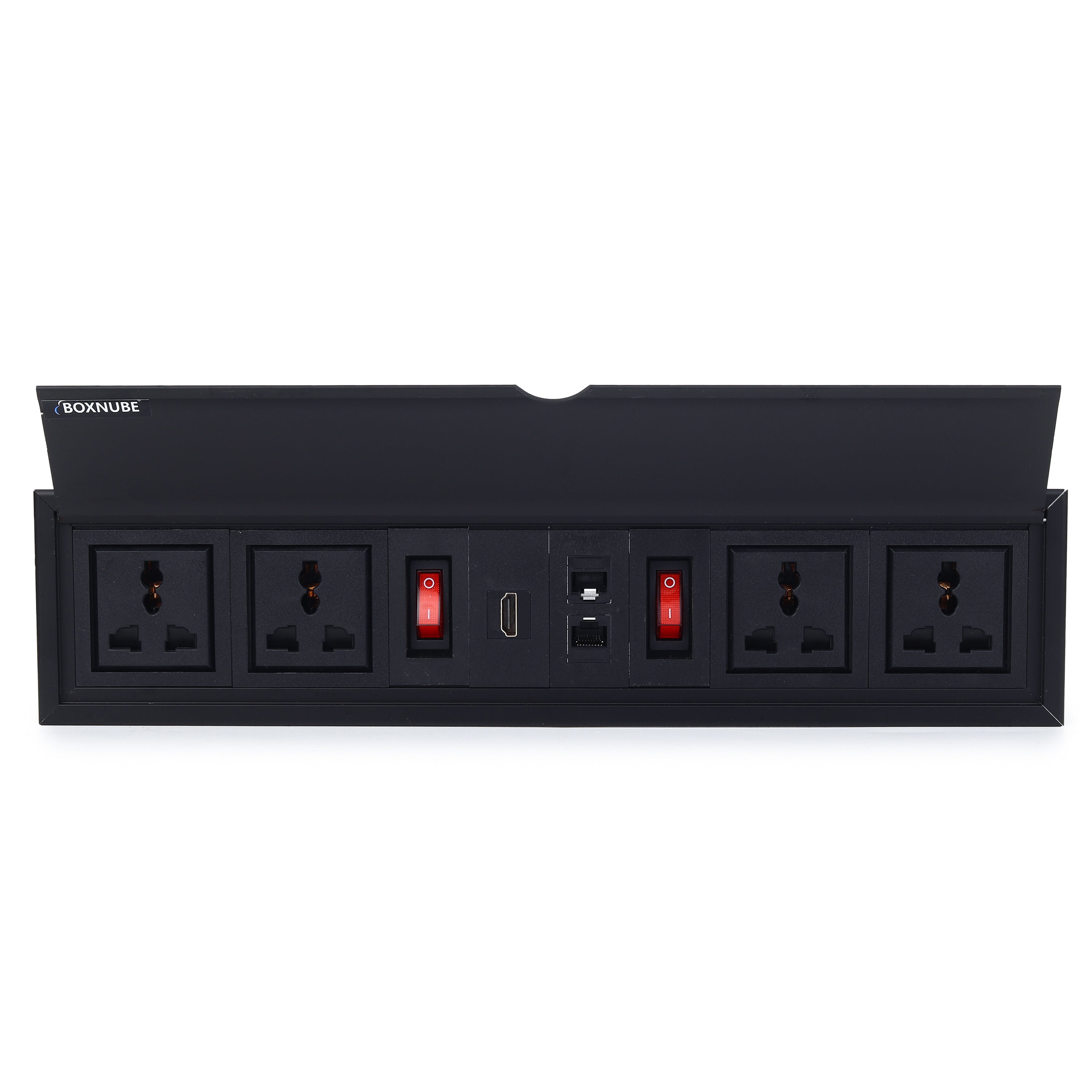 BOXNUBE Fliptop Box Cable Cubby Extension Board with 2 x On/Off Switch, 4 x Universal Power Sockets, 2 x LAN, HDMI Ports