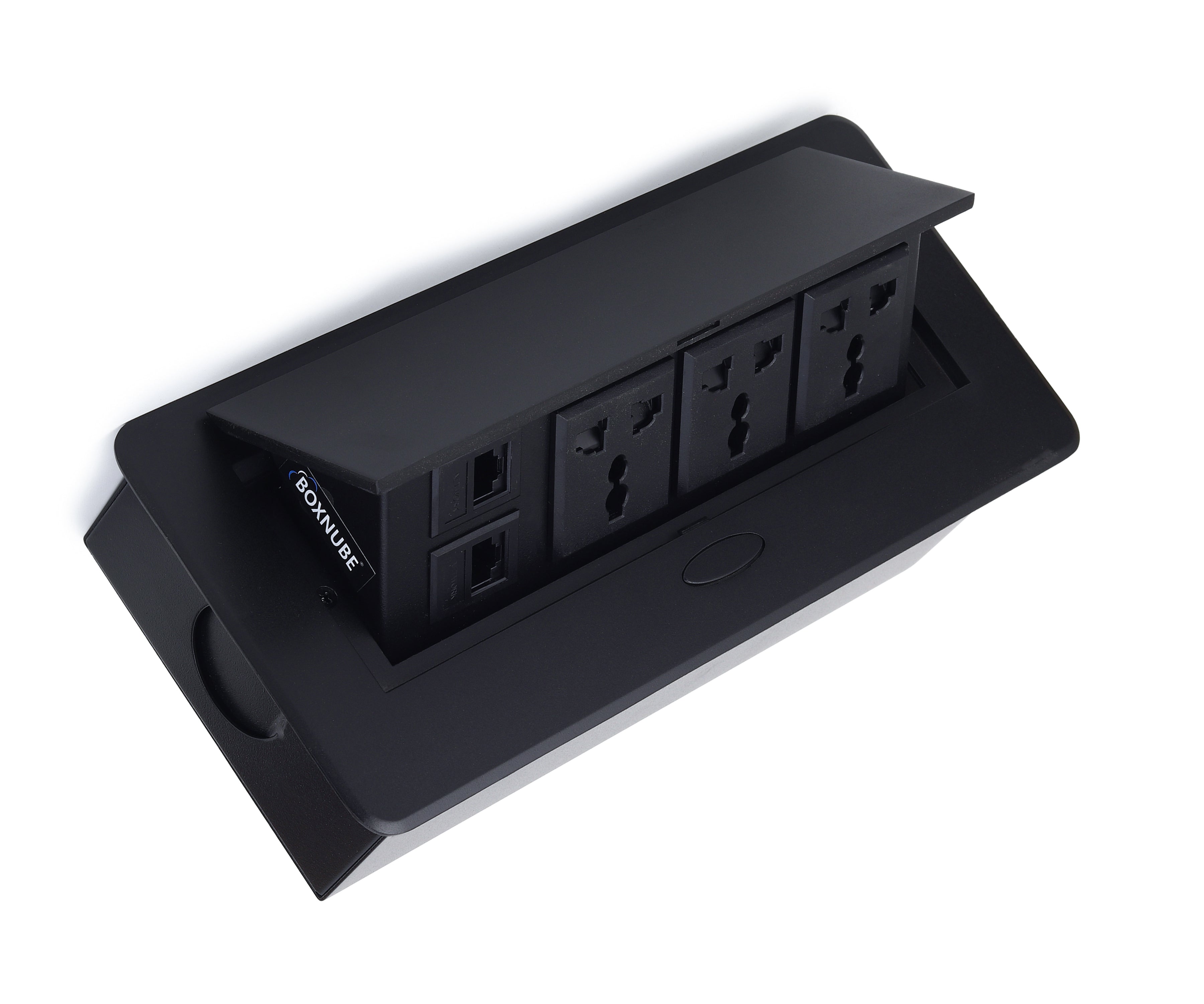 BOXNUBE Hydraulic Pop UP Box Cable Cubby Extension Board with 3 x Universal Power Sockets & 2 x CAT6 LAN Ports