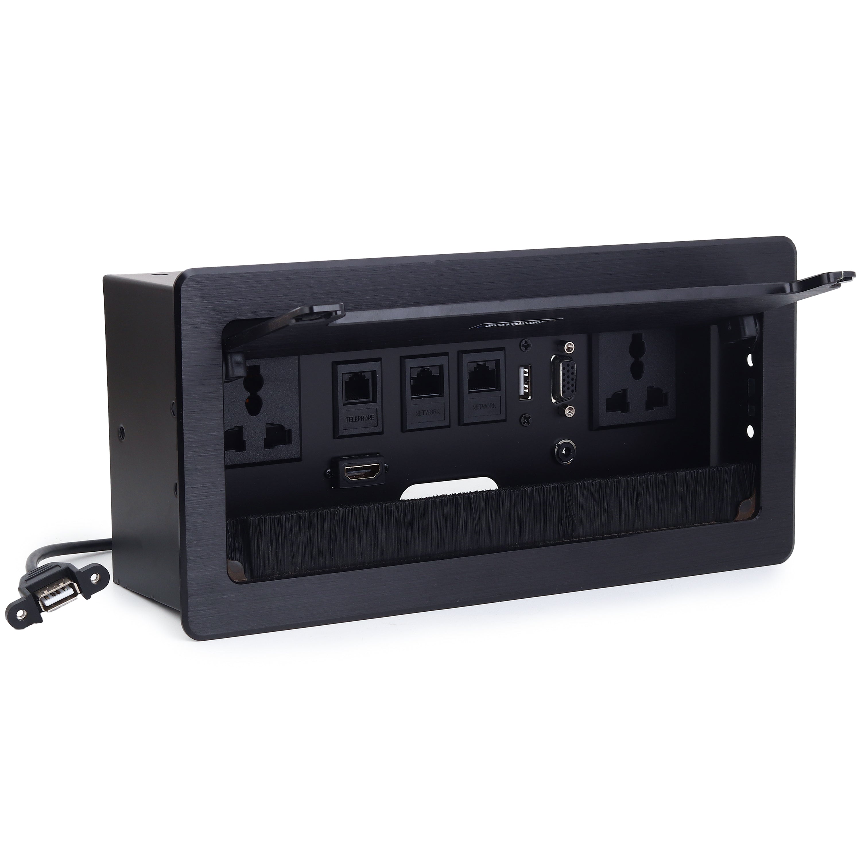 BOXNUBE Flip Top Cable Cubby Box with 2 x Universal Power Sockets, HDMI, Audio, LAN, USB & Telehpone Ports