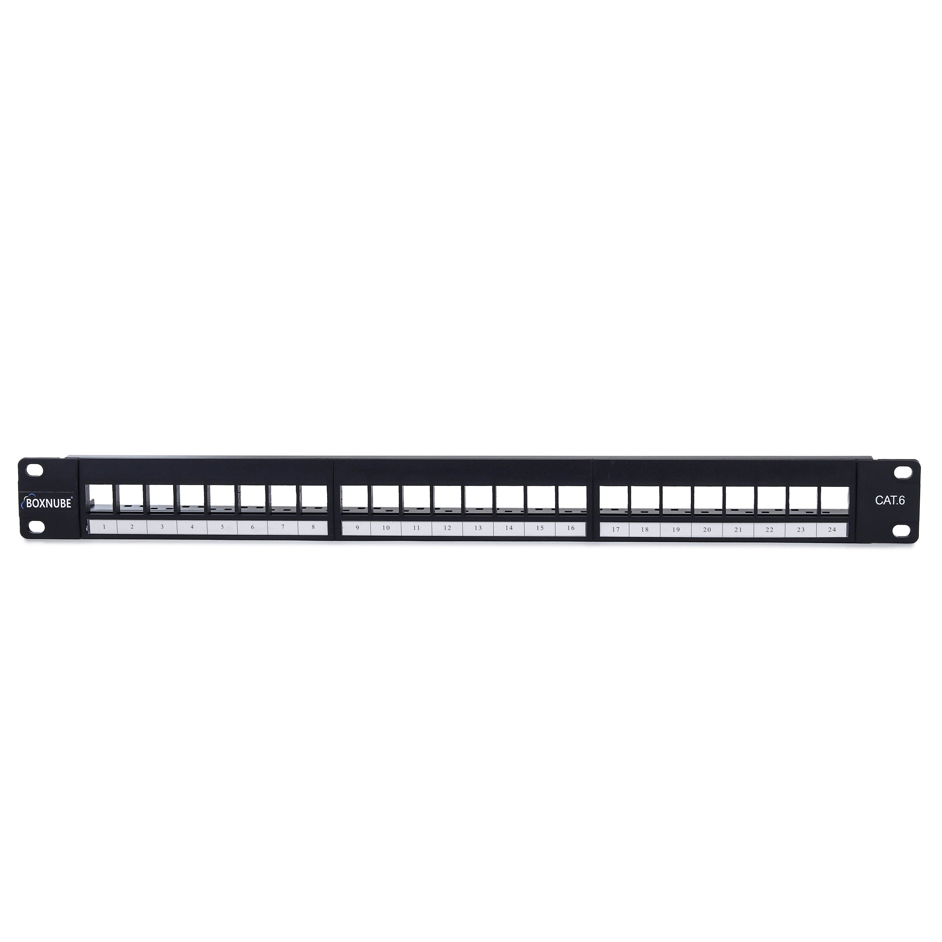 BOXNUBE CAT6 24 Port Loaded Patch Panel 1U 19 Inch Rack Mount with Tool Less Inline Couplers, Modular ABS Frame for Network Rack, Server & LAN Setup