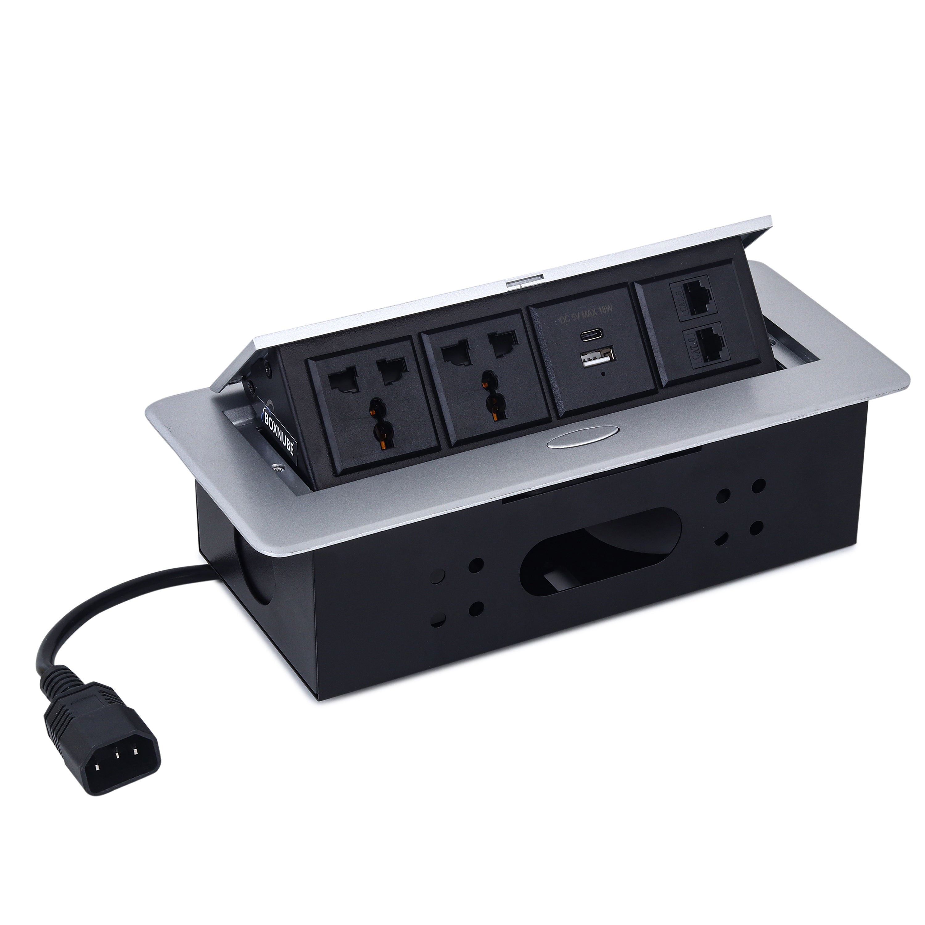 BOXNUBE Hydraulic Flip-Up Cable Cubby with 2 Universal Sockets, USB-A & USB-C Charging Ports, 2 LAN Ethernet Ports, Pop-Up Power Box for Office Tables