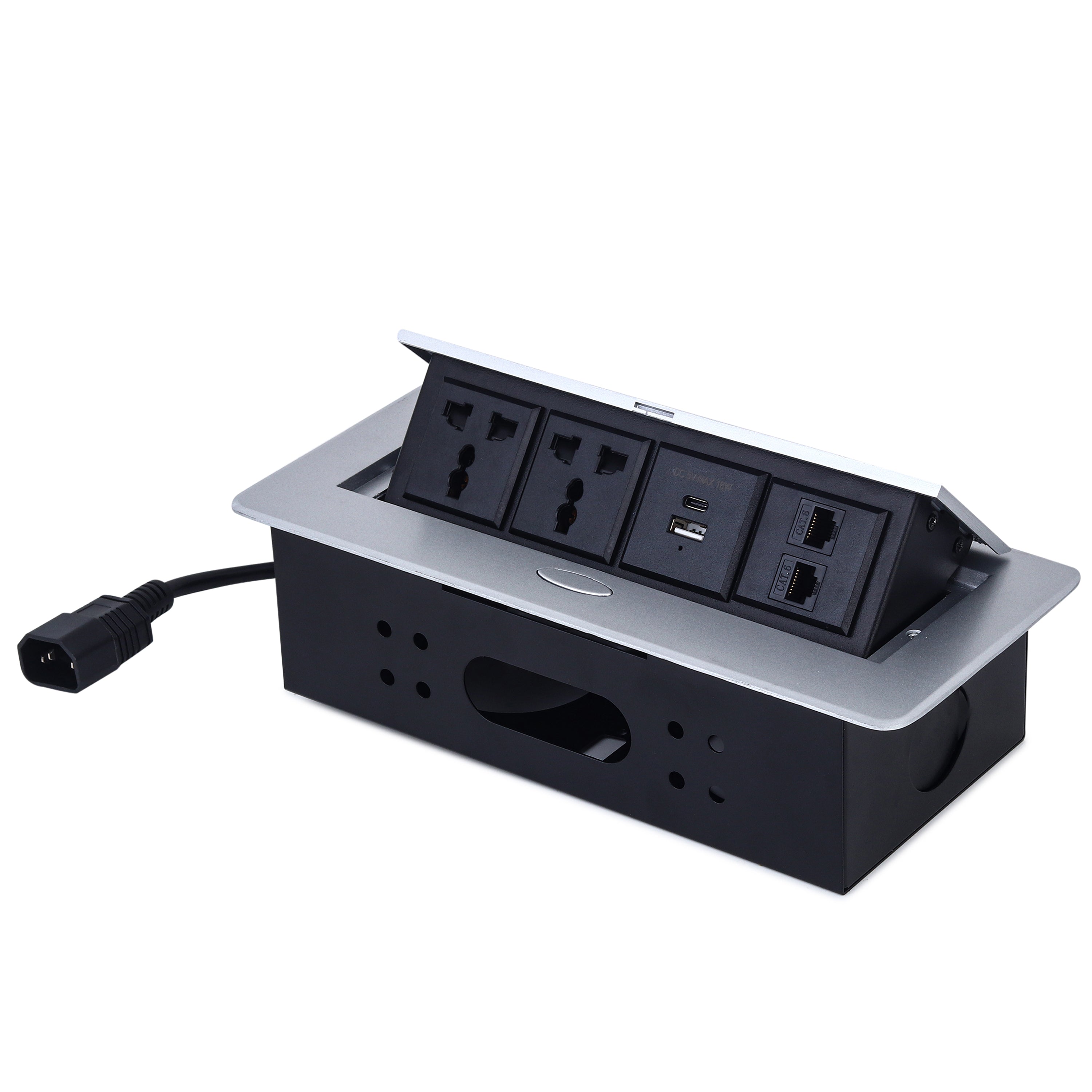 BOXNUBE Hydraulic Flip-Up Cable Cubby with 2 Universal Sockets, USB-A & USB-C Charging Ports, 2 LAN Ethernet Ports, Pop-Up Power Box for Office Tables