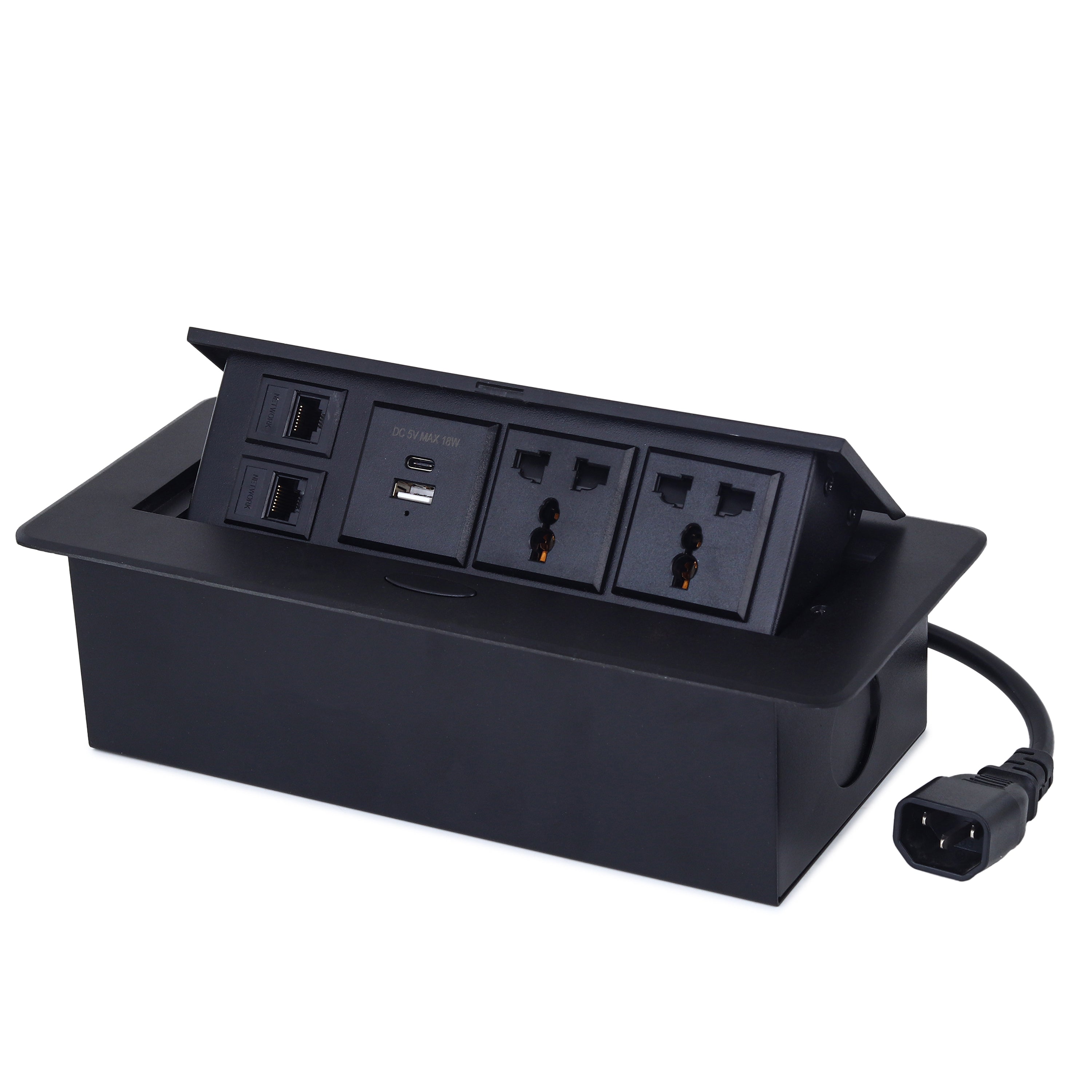 BOXNUBE Hydraulic Flip-Up Cable Cubby with 2 Universal Sockets, USB-A & USB-C Charging Ports, 2 LAN Ethernet Ports, Pop-Up Power Box for Office Tables