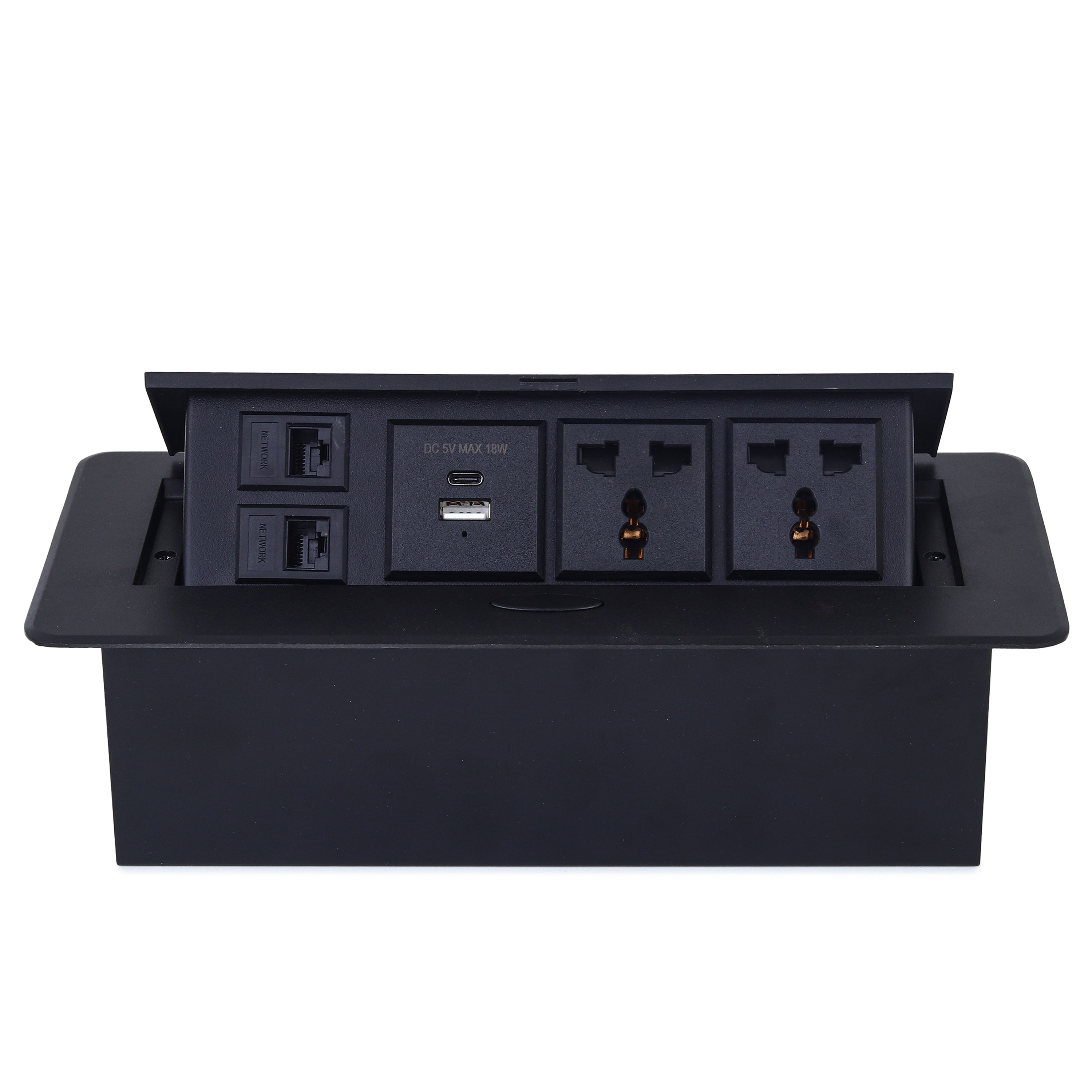 BOXNUBE Hydraulic Flip-Up Cable Cubby with 2 Universal Sockets, USB-A & USB-C Charging Ports, 2 LAN Ethernet Ports, Pop-Up Power Box for Office Tables