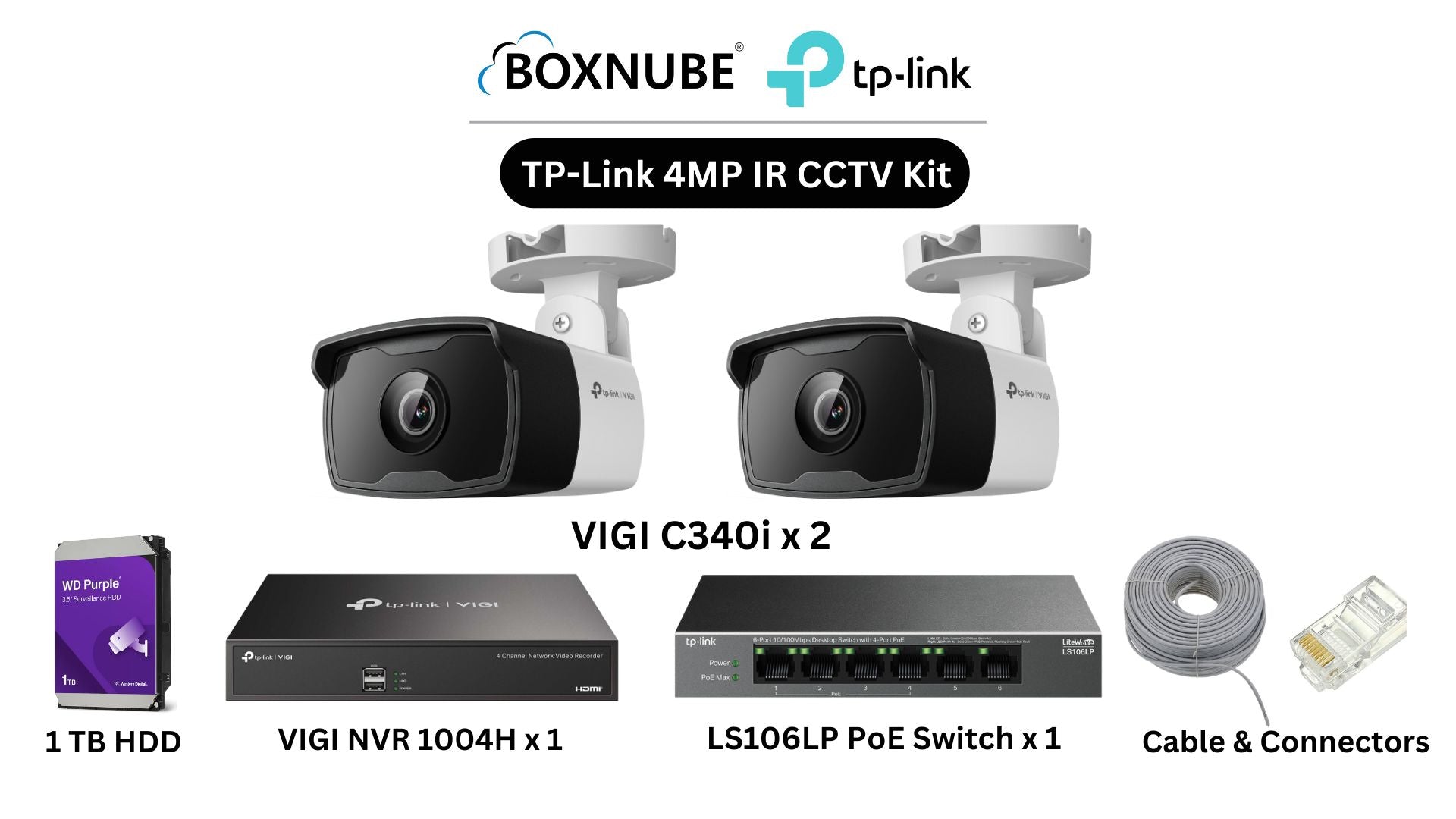 TP-Link VIGI 4MP IR Full HD 2 Camera Kit Bundle | 2 x VIGI C340i, 1 x 4 Channel NVR, 1 x 4+2 Port PoE Switch with 100M CAT6 Cable, RJ45 Connectors