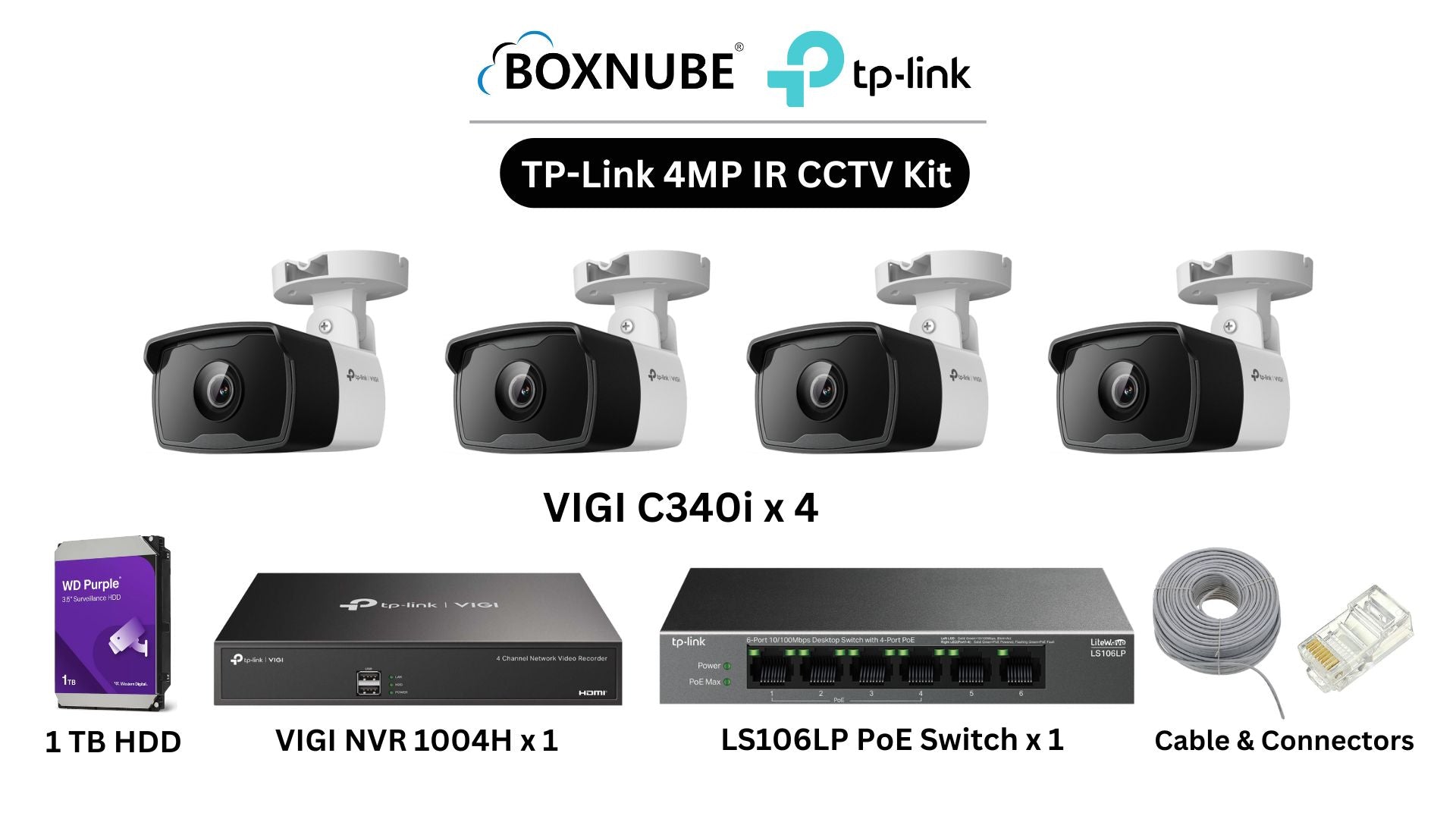TP-Link VIGI 4MP IR Full HD 4 Camera Kit Bundle | 4 x VIGI C340i, 1 x 4 Channel NVR, 1 x 4+2 Port PoE Switch with 100M CAT6 Cable & RJ45 Connectors