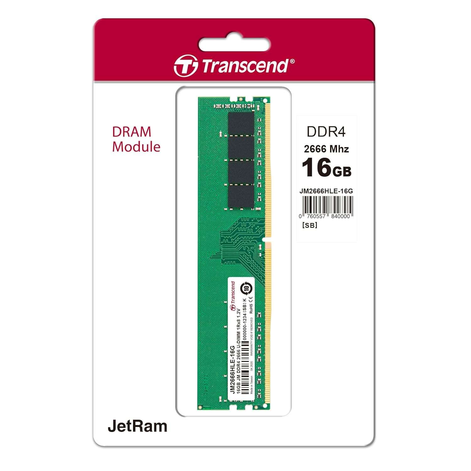 Transcend JetRam Memory DDR4 2666MHz U-DIMM Desktop RAM | 1Rx8, CL19, 1.2V | 4GB, 8GB, 16GB