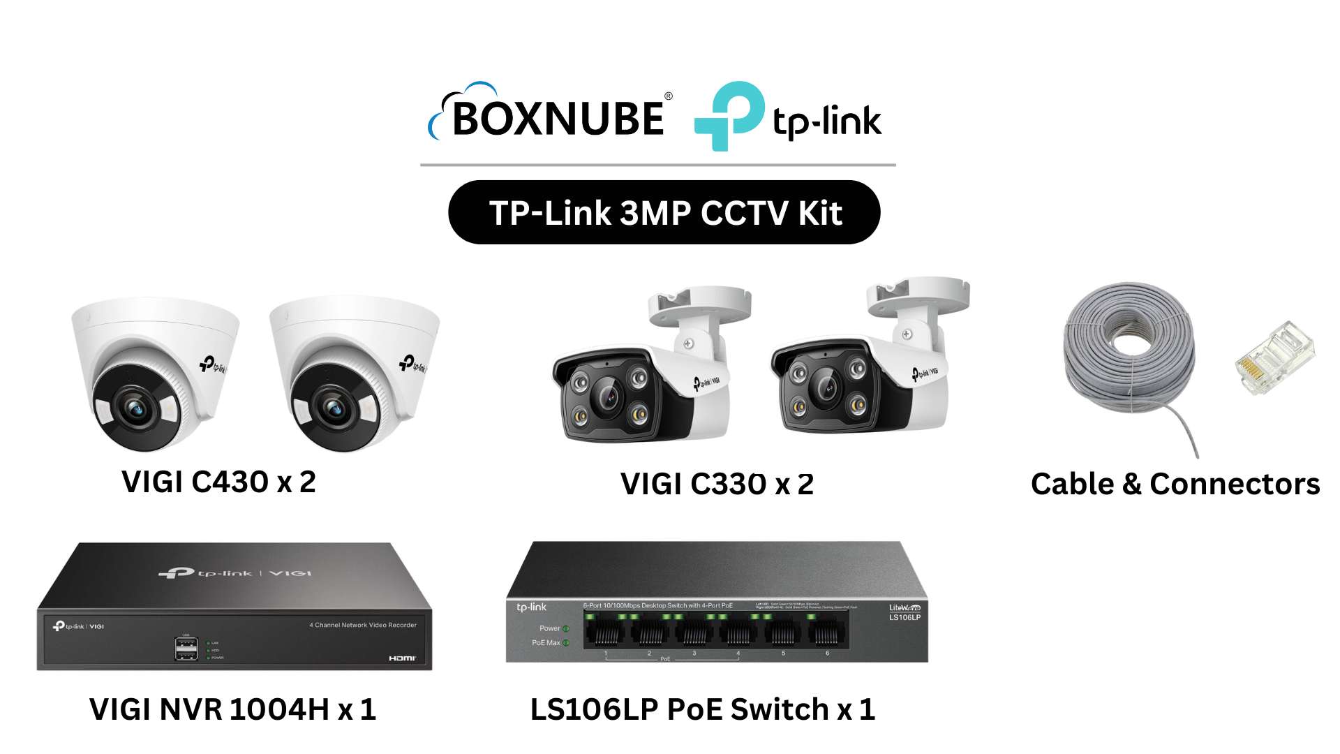 TP-Link VIGI 3MP Full HD 4 Camera Kit Bundle | 2x C330, 2x C430, 1x 4 Channel NVR, 1x 4 Port PoE Switch, 100M CAT6 Cable & RJ45 Connectors