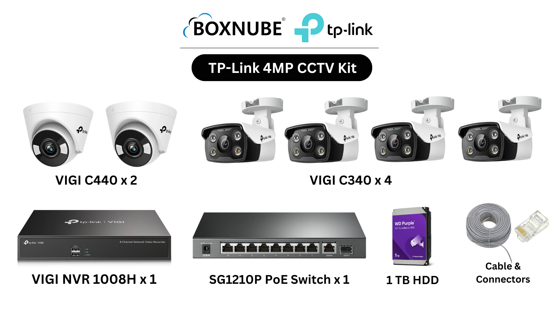 TP-Link VIGI 4MP 6 Camera Kit Bundle, 4 x VIGI C340 Bullet, 2 x VIGI C440 Turret, 8 Channel NVR, 8 Port PoE Gigabit Switch, 100M CAT6 Cable, RJ45 Plug