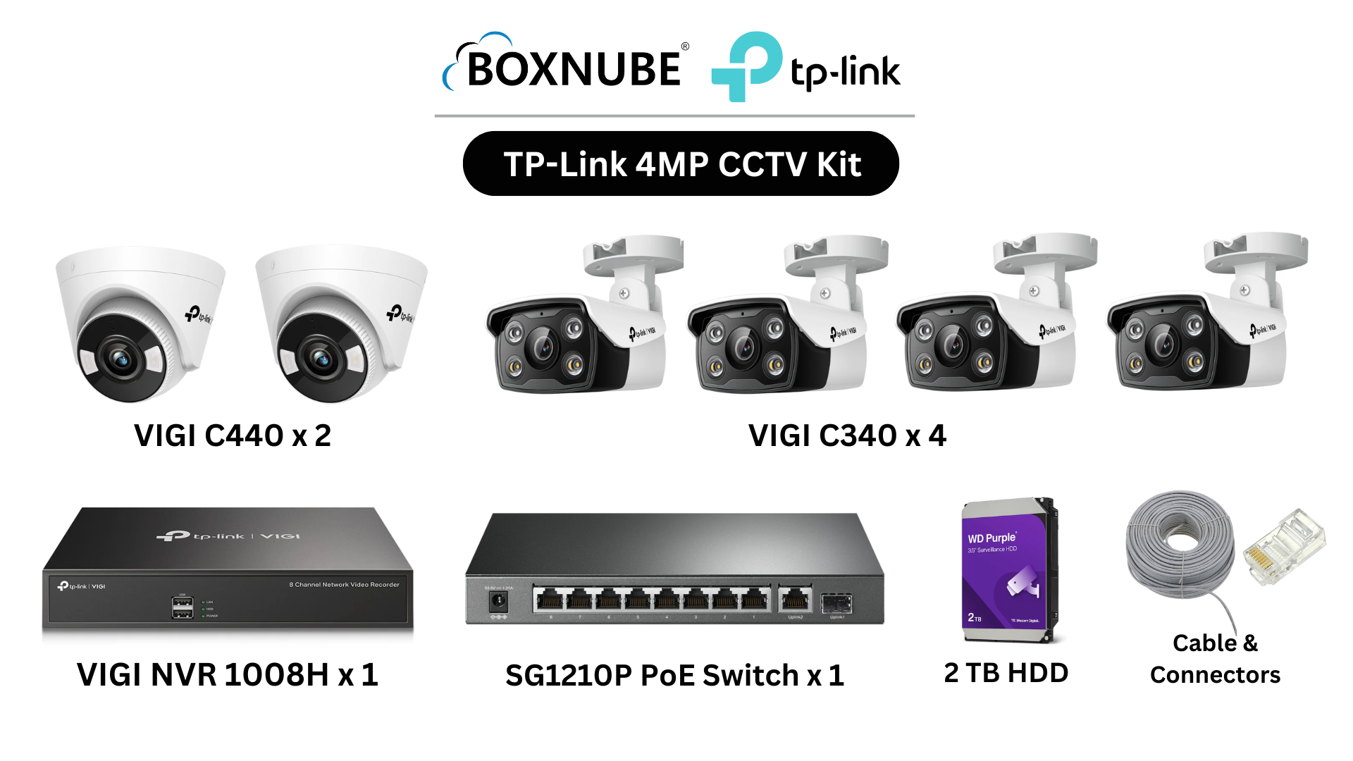 TP-Link VIGI 4MP 6 Camera Kit Bundle, 4 x VIGI C340 Bullet, 2 x VIGI C440 Turret, 8 Channel NVR, 8 Port PoE Gigabit Switch, 100M CAT6 Cable, RJ45 Plug