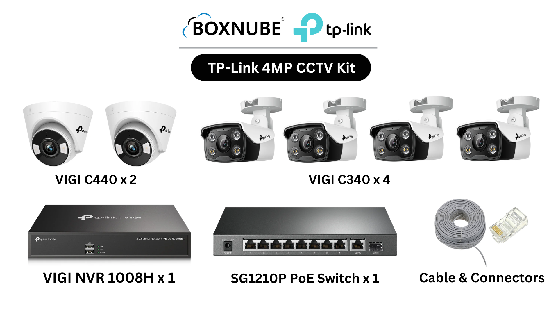 TP-Link VIGI 4MP 6 Camera Kit Bundle, 4 x VIGI C340 Bullet, 2 x VIGI C440 Turret, 8 Channel NVR, 8 Port PoE Gigabit Switch, 100M CAT6 Cable, RJ45 Plug