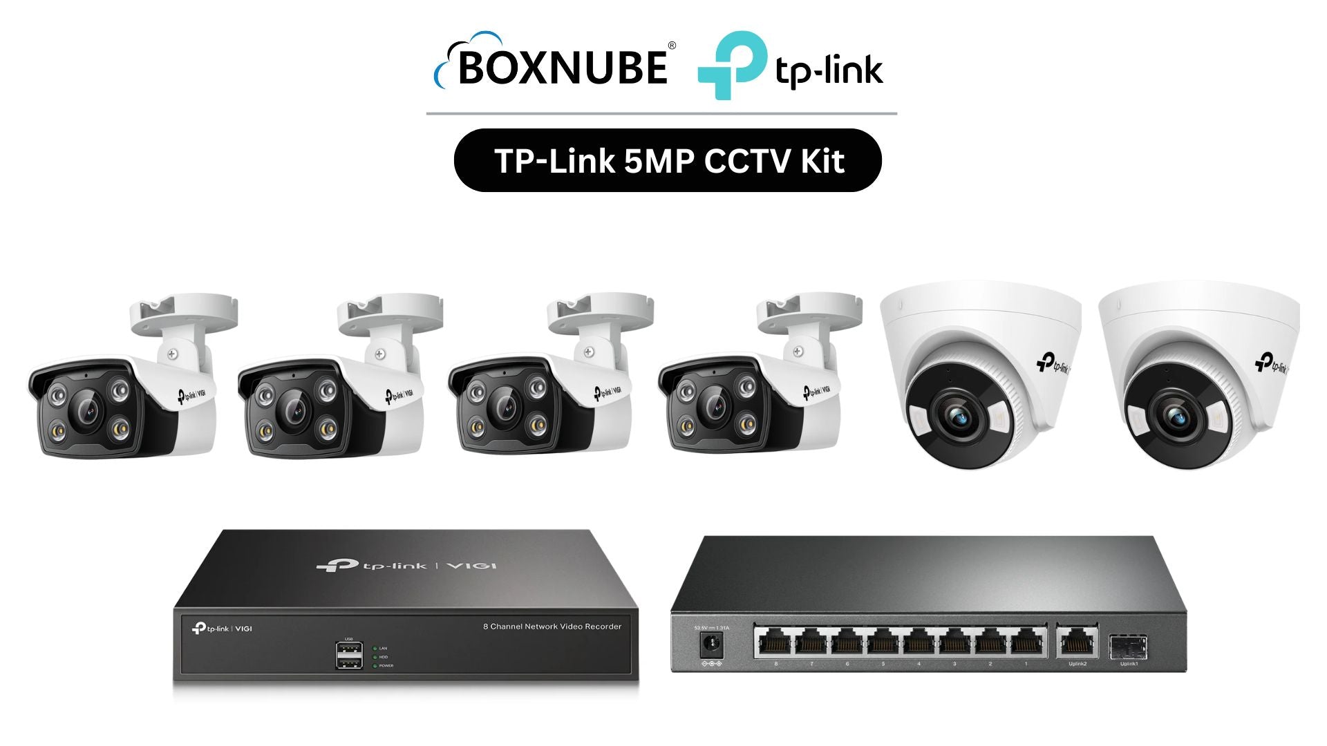 TP-Link VIGI 5MP 6 Camera Kit Bundle | 4 x C350, 2 x C450, 1 x 8 Channel NVR, 1 x 8+2 Port PoE Switch | 2-Way Audio, Alarm