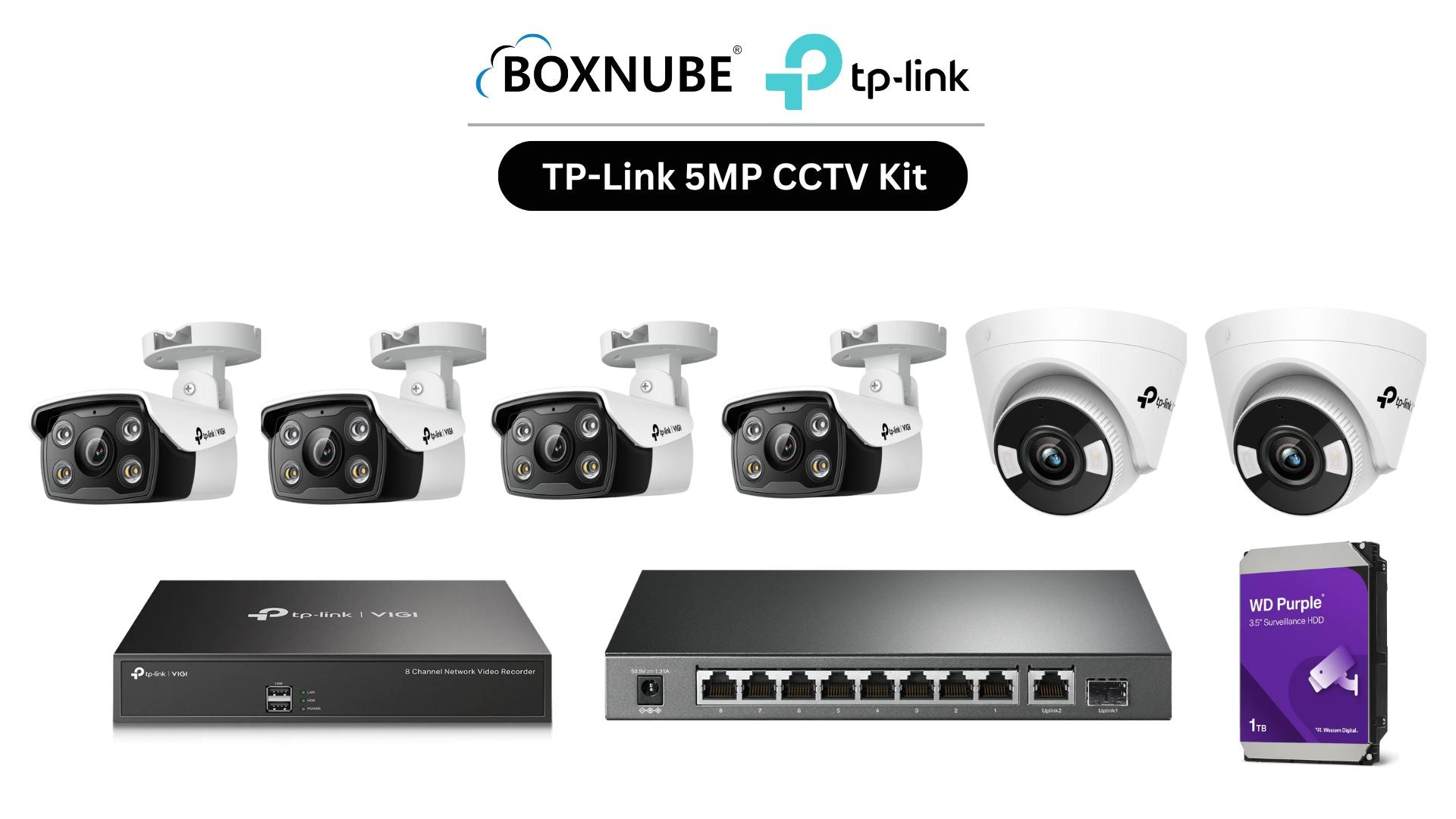 TP-Link VIGI 5MP 6 Camera Kit Bundle | 4 x C350, 2 x C450, 1 x 8 Channel NVR, 1 x 8+2 Port PoE Switch | 2-Way Audio, Alarm