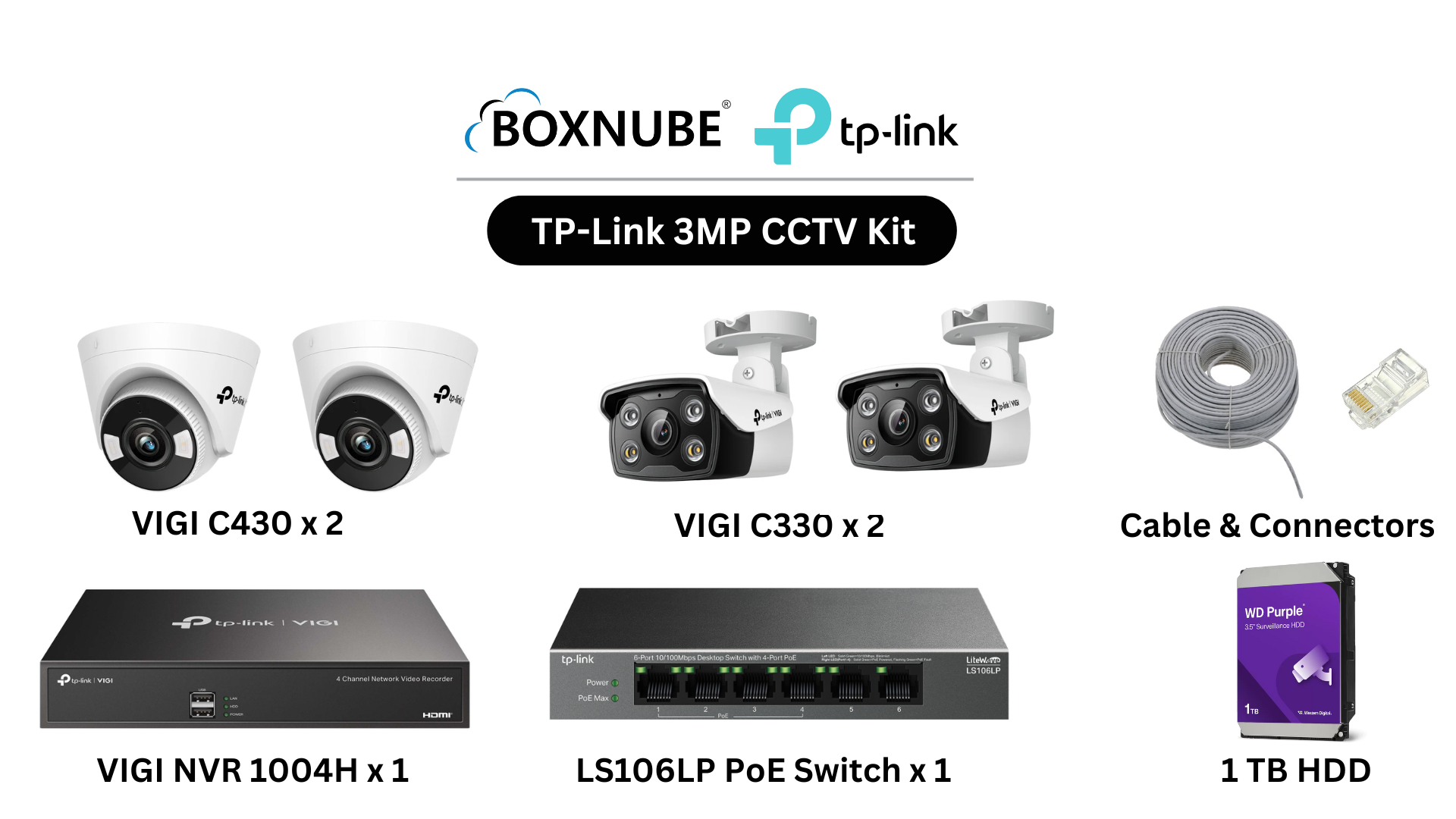 TP-Link VIGI 3MP Full HD 4 Camera Kit Bundle | 2x C330, 2x C430, 1x 4 Channel NVR, 1x 4 Port PoE Switch, 100M CAT6 Cable & RJ45 Connectors