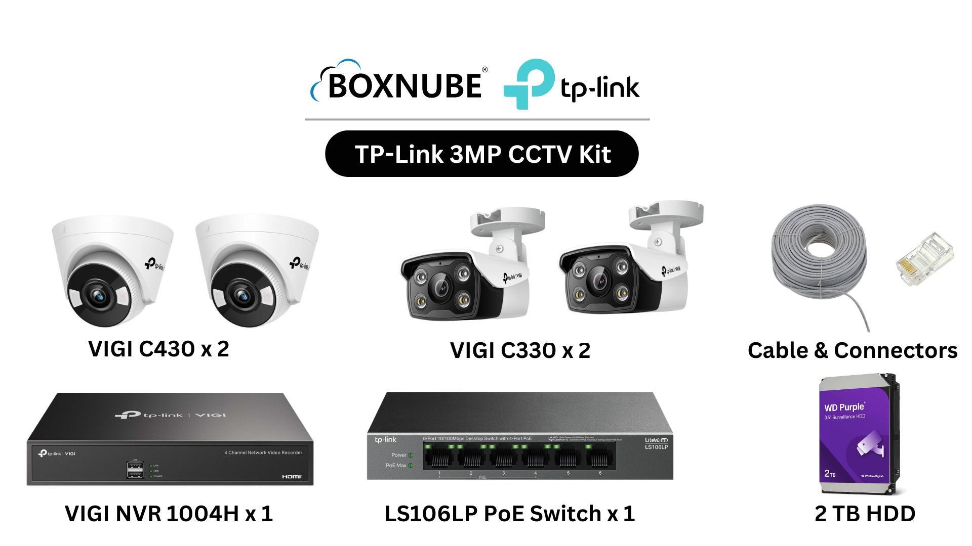 TP-Link VIGI 3MP Full HD 4 Camera Kit Bundle | 2x C330, 2x C430, 1x 4 Channel NVR, 1x 4 Port PoE Switch, 100M CAT6 Cable & RJ45 Connectors