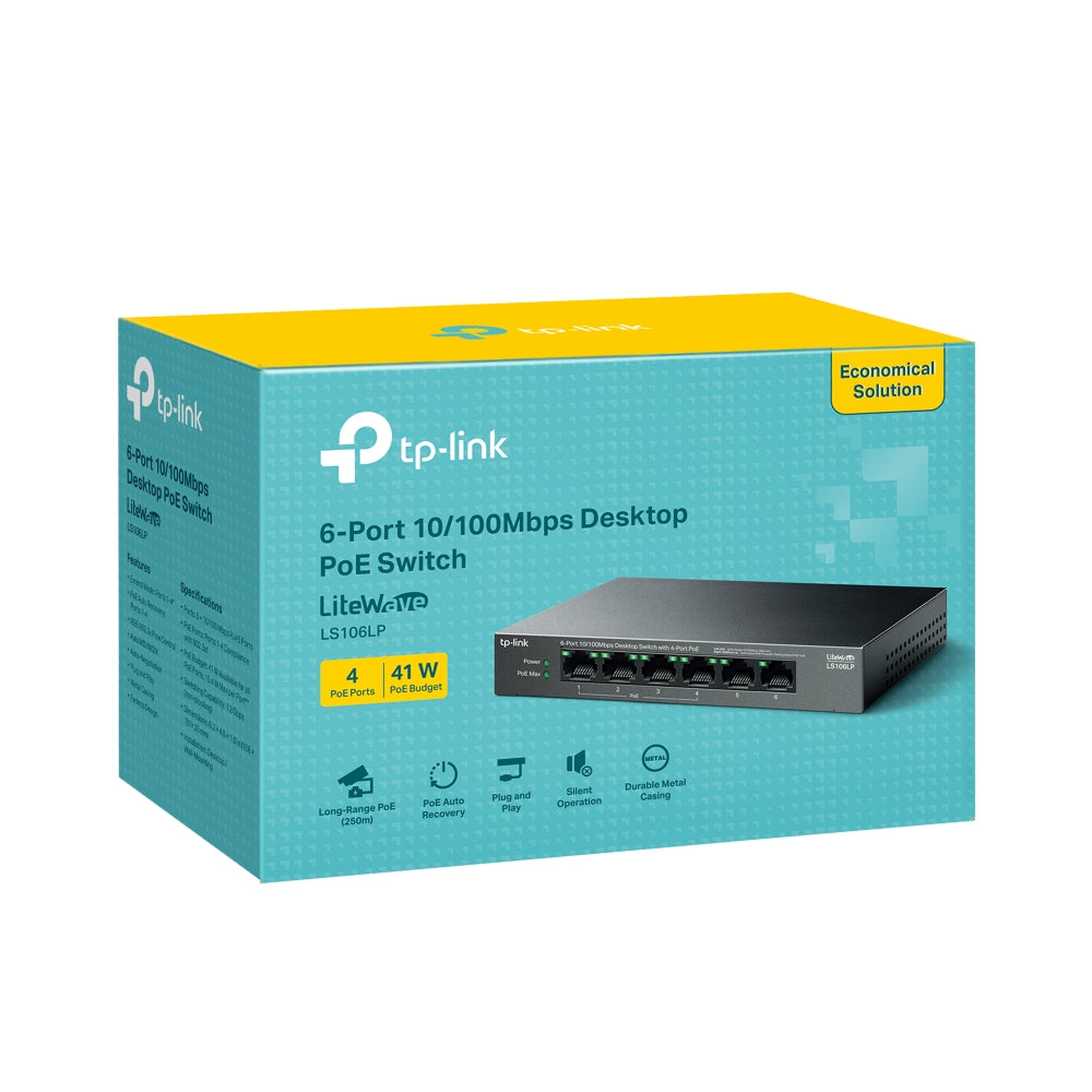 TP-Link LS106LP 6-Port 10/100Mbps Desktop 41W POE Switch with 4-Port PoE + 2 Uplink RJ45 Ports | 250M Support