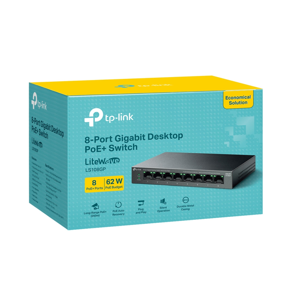 TP-Link LS108GP 8-Port Gigabit Desktop Switch with 8-Port PoE+ | 62W 250M with Extend Mode