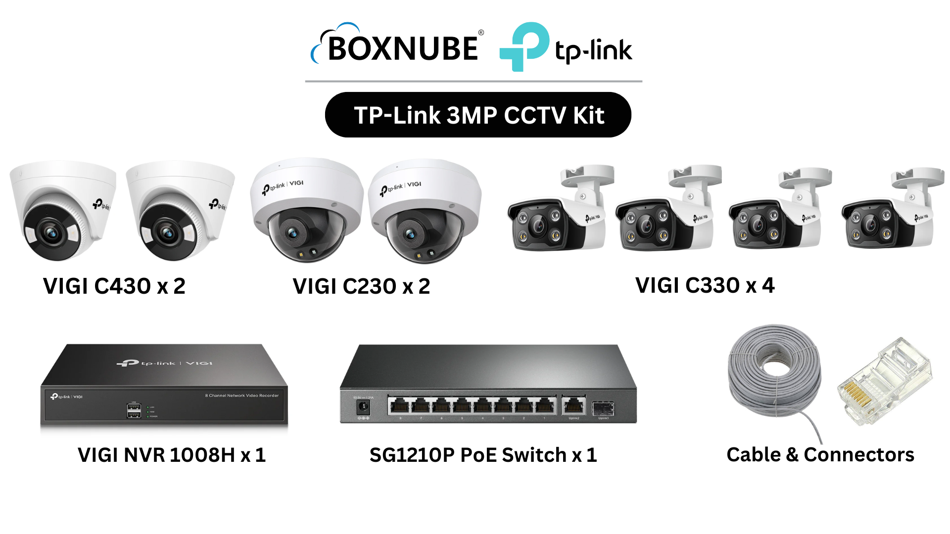 TP-Link VIGI 3MP 8 Camera Kit Bundle 4x C330 Bullet 2x C430 Turret, 2x C230 Dome, 8 Channel NVR, 8 Port Gigabit PoE Switch, 100M CAT6 Cable, RJ45 Plug