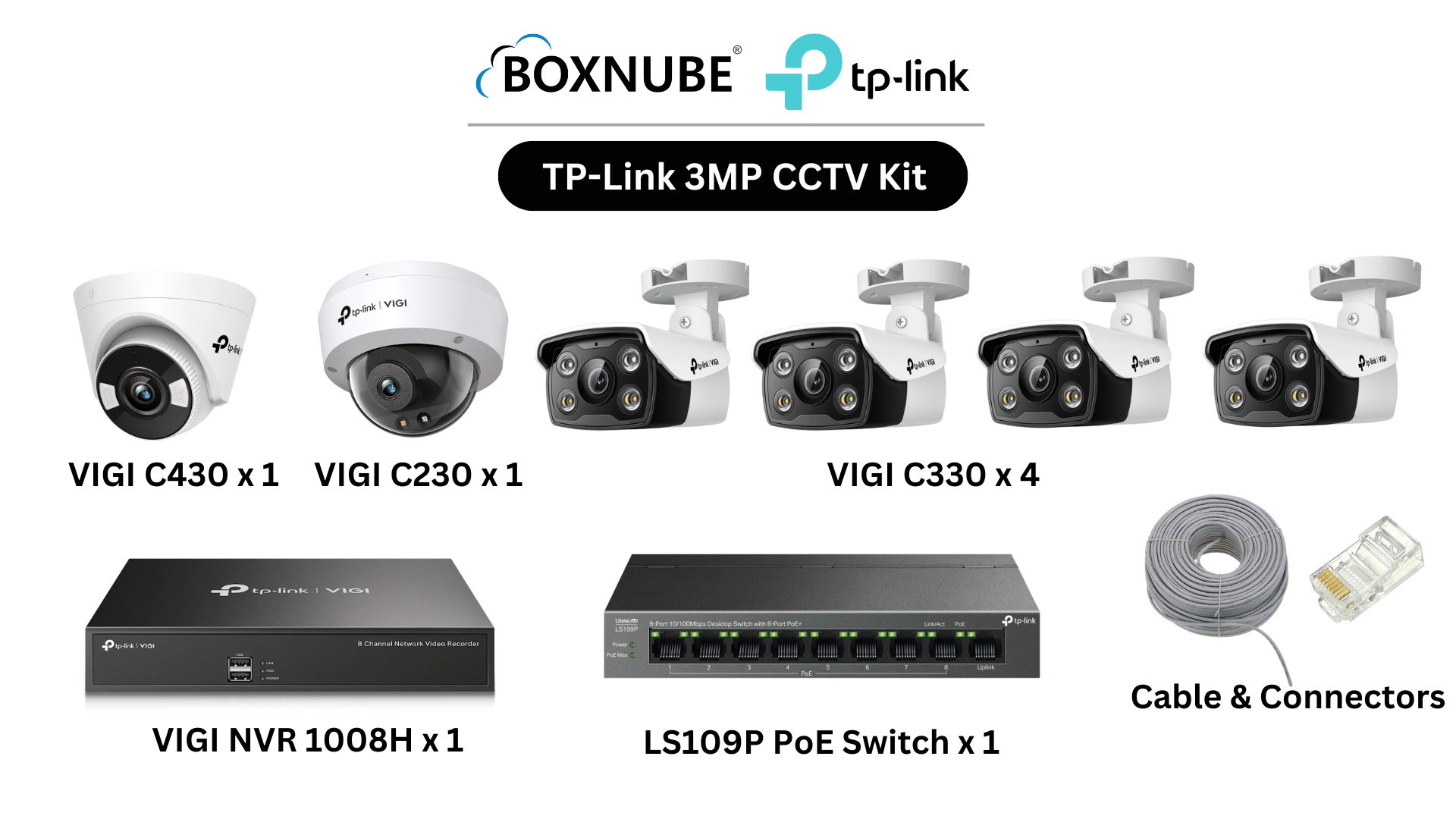 TP-Link VIGI 3MP 6 Camera Kit Bundle| 4x C330 Bullet, 1x C430 Turret, 1x C230 Dome, 8 Channel NVR, 8 Port PoE Switch, 100M CAT6 Cable, RJ45 Connectors