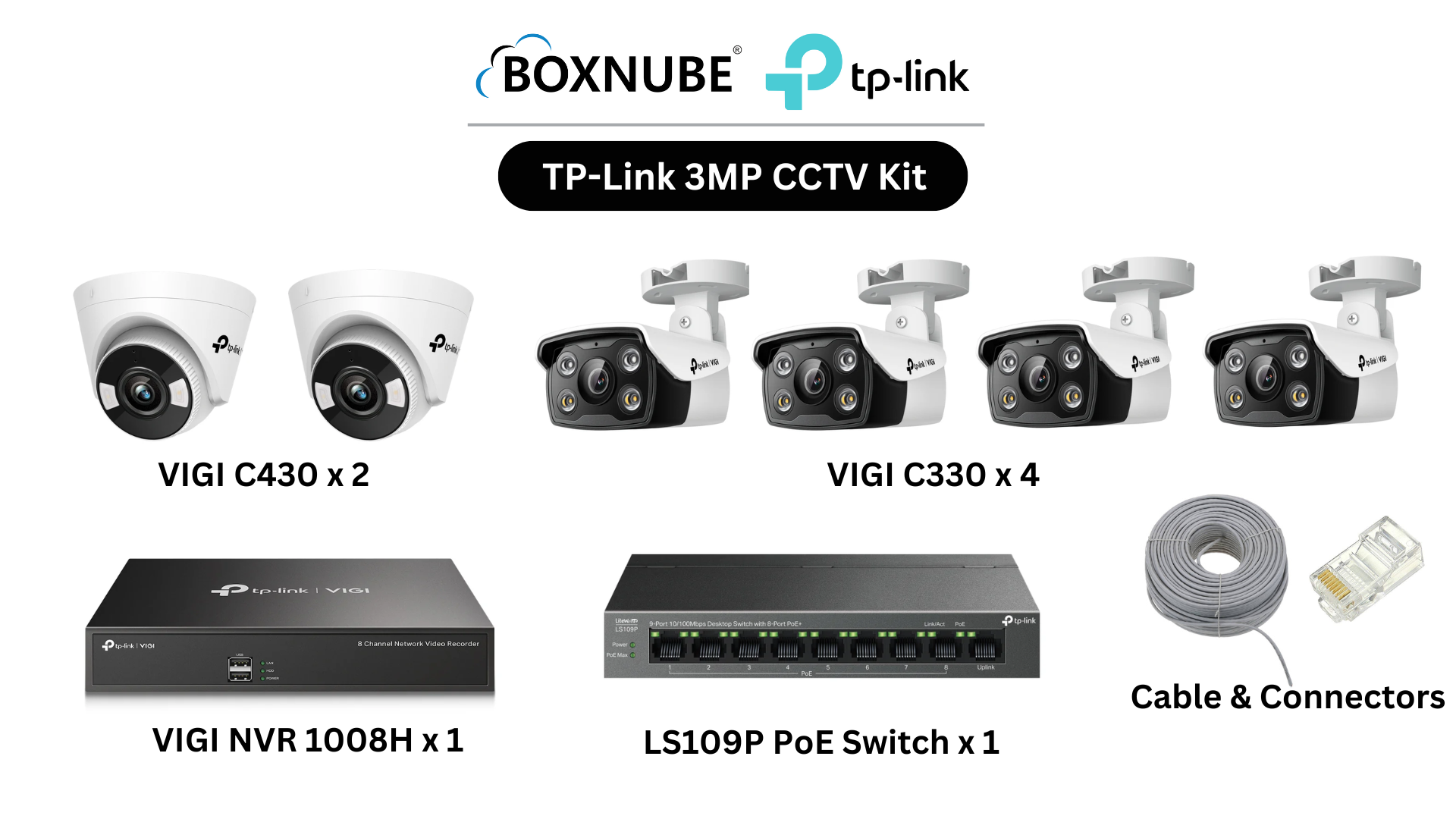 TP-Link VIGI 3MP Full HD 6 Camera Kit Bundle | 4 x VIGI C330, 2 x VIGI C430, 8 Channel NVR, 8 Port PoE Switch with 100M CAT6 Cable & RJ45 Connectors