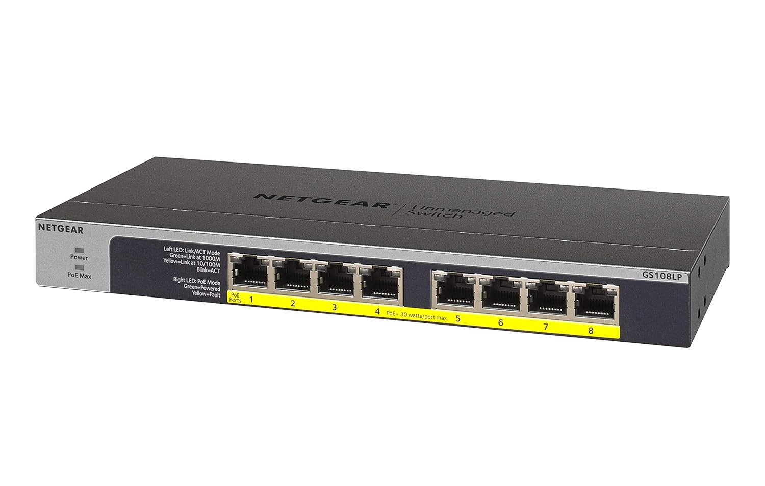 Netgear GS108LP 8-Port Gigabit Ethernet PoE+ Unmanaged Switch with FlexPoE | 60W PoE Budget | Desktop / Rackmount