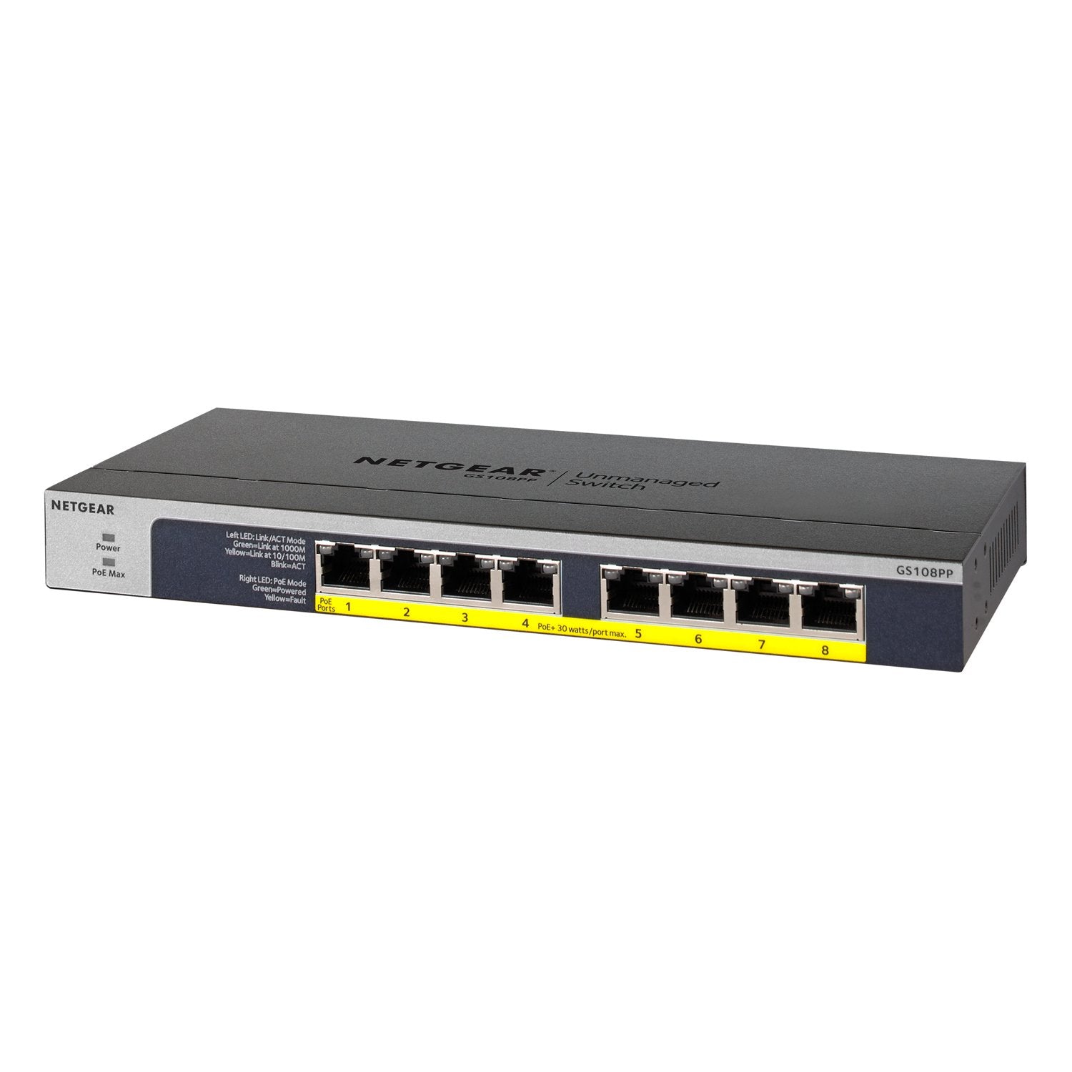 Netgear GS108PP 8-Port Gigabit Ethernet High-power PoE+ Unmanaged Switch with FlexPoE | 123W PoE Budget | Desktop / Rackmount