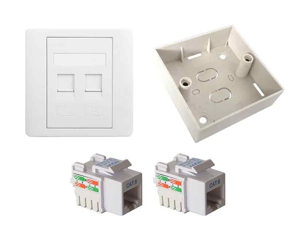 BOXNUBE Combo Set - 2 x RJ45 CAT6 LAN I/O Network Keystone Jack + Gang Box + Dual Window Face Plate