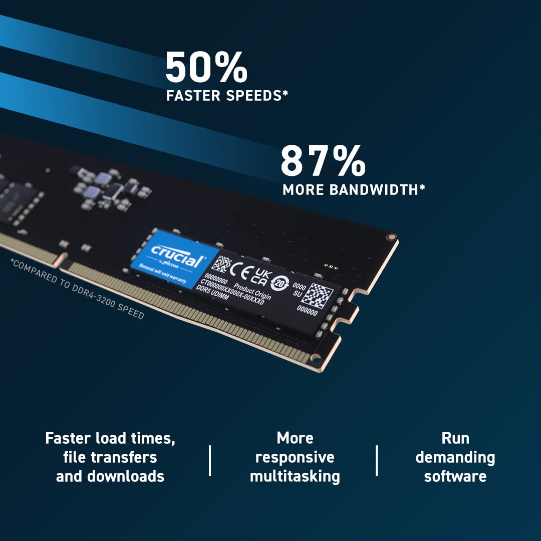 Crucial DDR5 4800MHz 1.1V CL40 Memory RAM ODECC Design Faster Performance