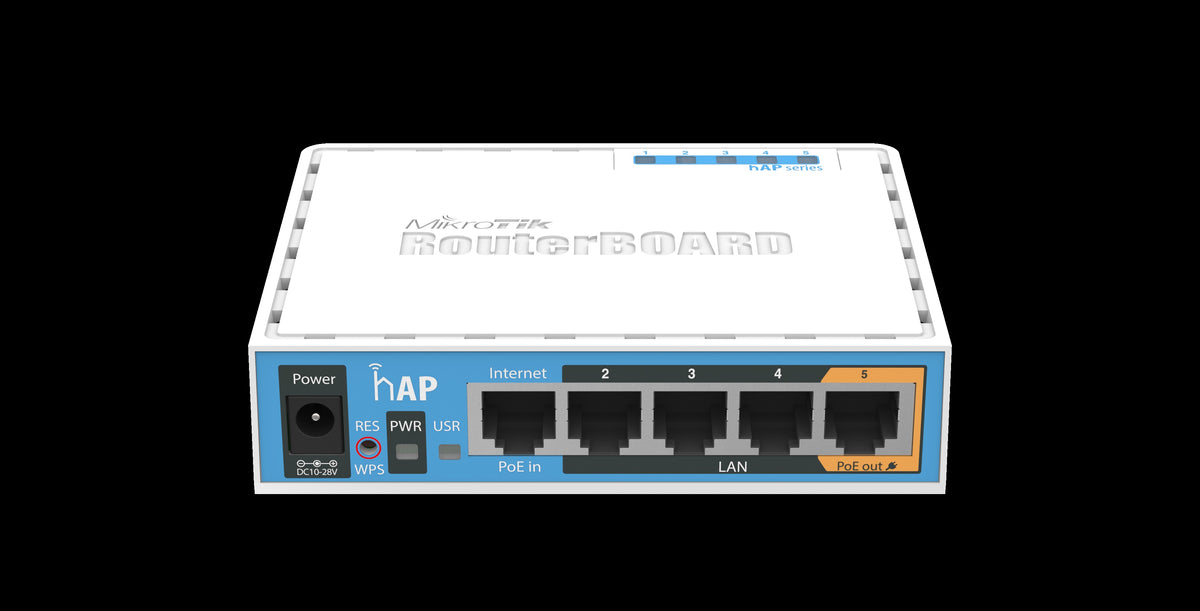 Mikrotik hAP 2.4GHz Access Point, Five Ethernet ports, PoE-out on port 5, USB for 3G/4G support