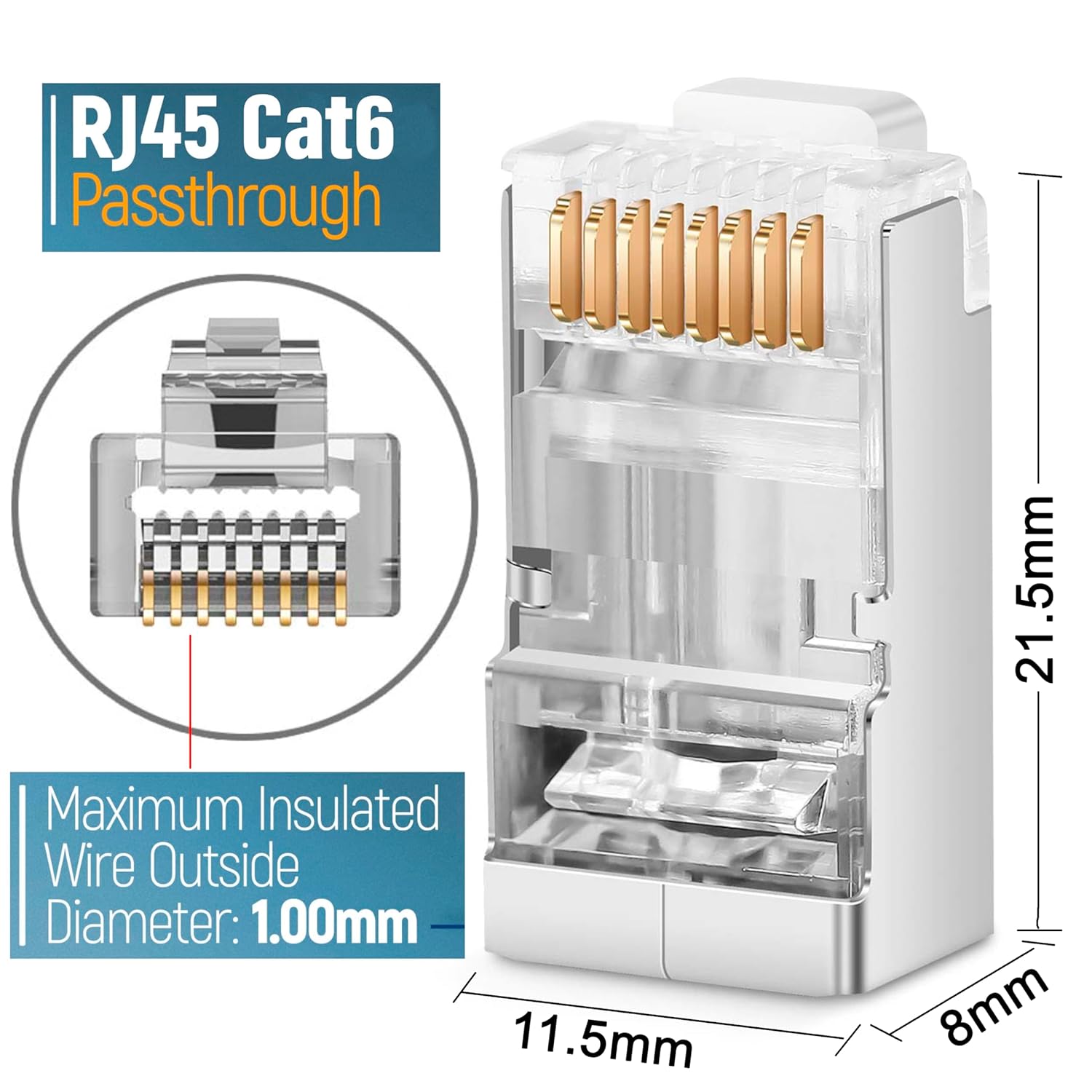 BOXNUBE Cat6 Pass-Through Connectors, 8P8C RJ45 Ethernet UTP Connector, Crimp Connectors for Solid and Standard Cable