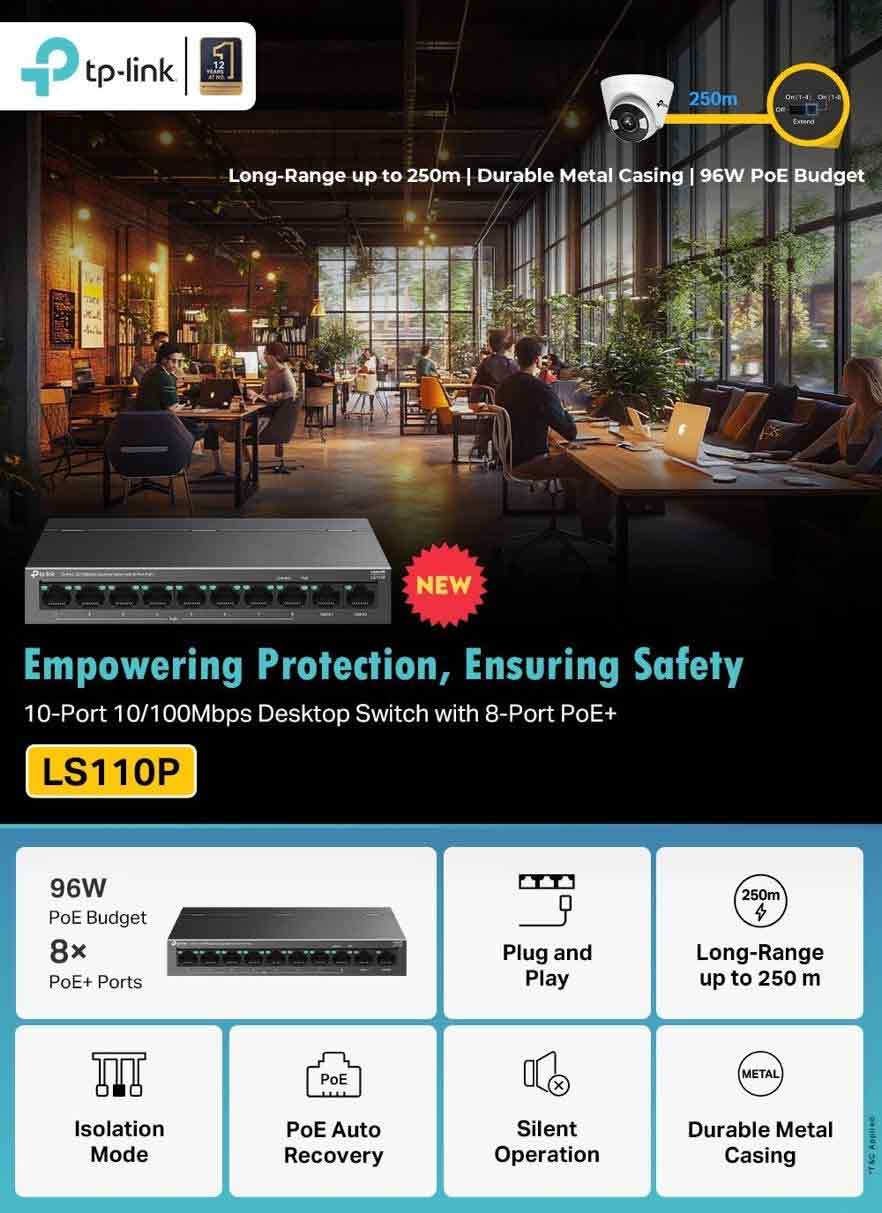 TP-Link LS110P 8+2 Port 10/100Mbps Desktop Switch with 8-Port PoE+, 2 RJ45 Uplink 96W PoE Budget, 250M, Metal Casing