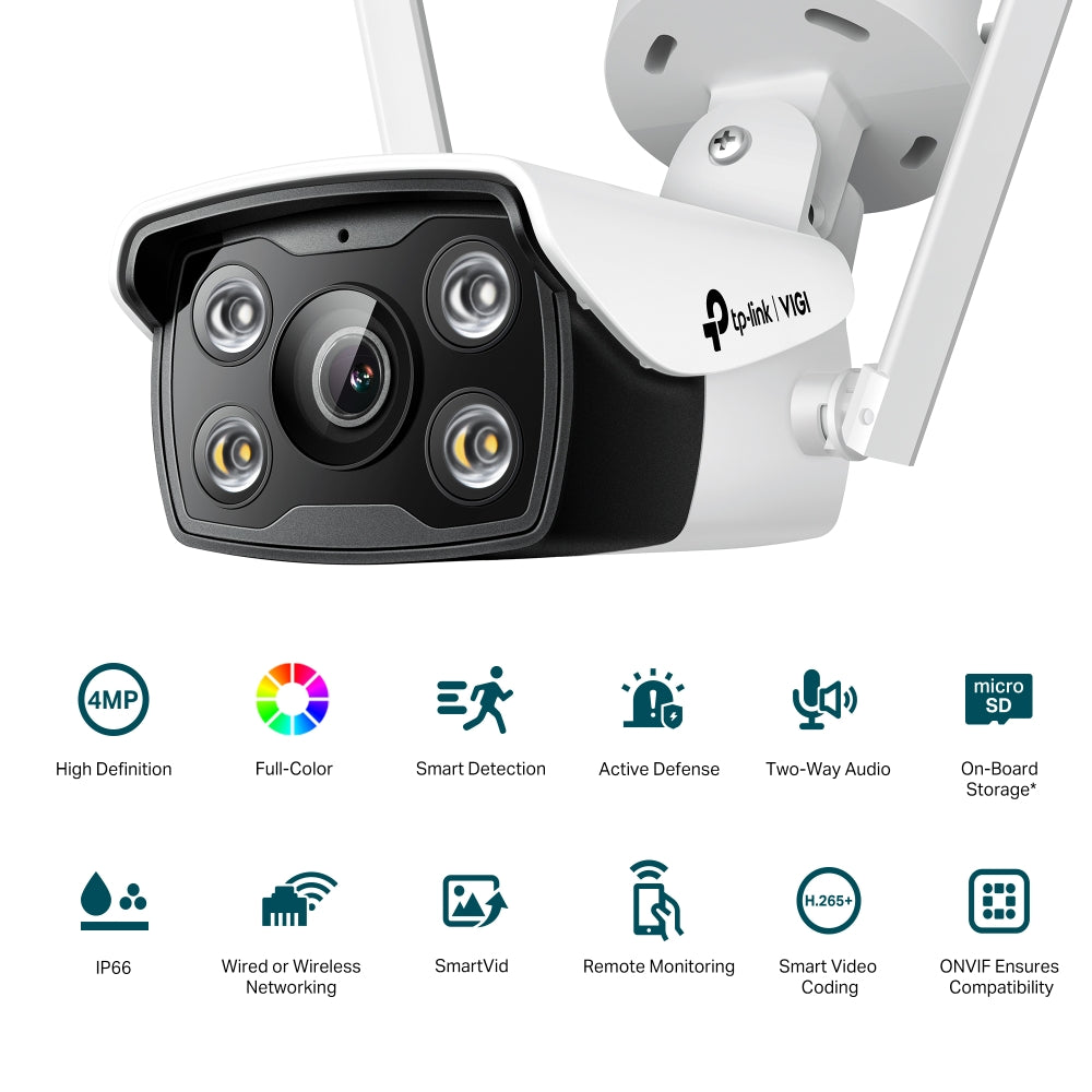 TP-Link VIGI C340-W 4MP HD Outdoor Full-Color Bullet Network WiFi CCTV Camera | 2-Way Audio | Smart IR | Waterproof IP66 | H.265+ | Smart Detection