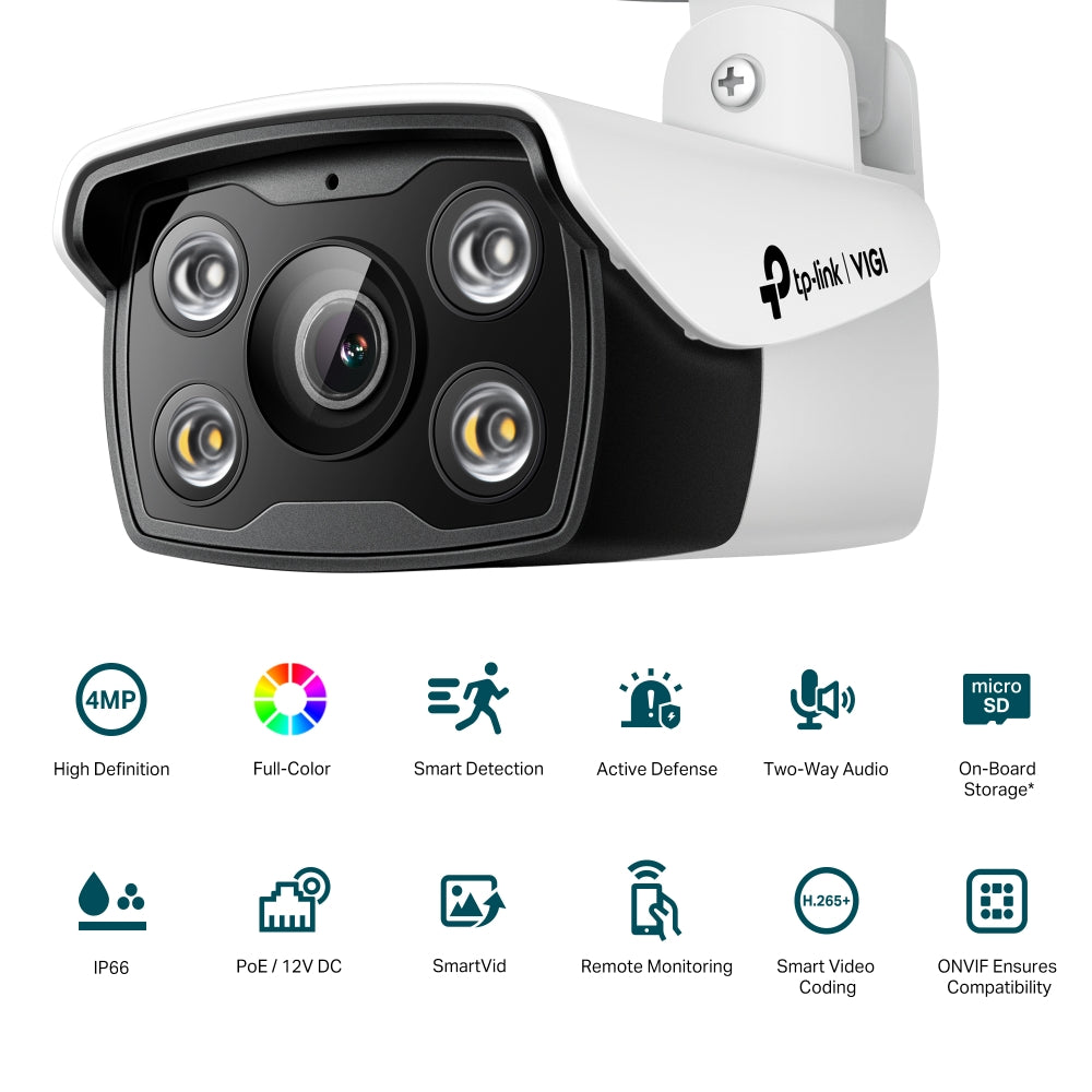 TP-Link VIGI C340 4MP Super High Definition Outdoor Full-Color Bullet Network Wired CCTV Camera | 2-Way Audio | Smart IR | Waterproof, Smart Detection