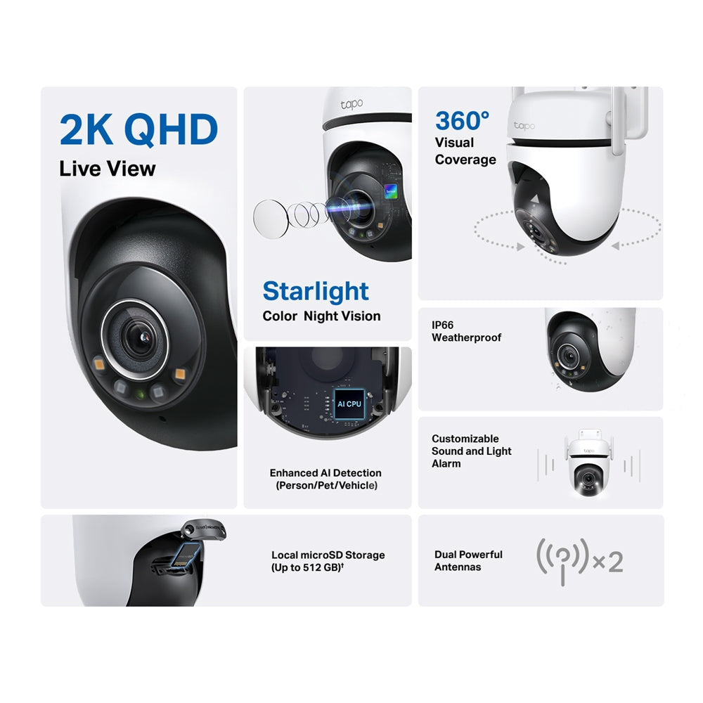 TP-Link Tapo C520WS 2K QHD 4MP Starlight Color Night Vision Outdoor Pan/Tilt Camera 360° Visual Coverage, Works with Alexa & Google Home