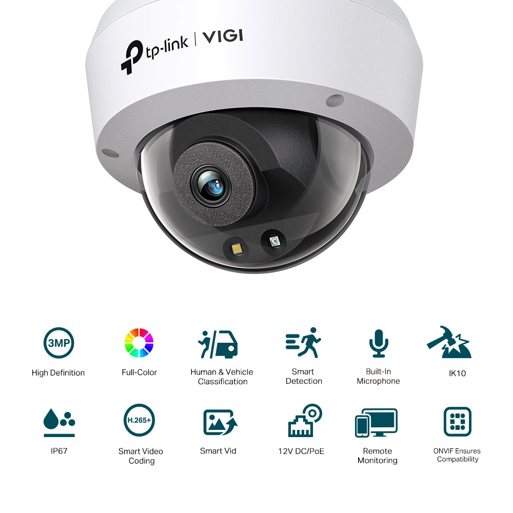 TP-Link VIGI C230 3MP Super-High Definition Full-Color Dome Network Wired CCTV Camera | Built-In Microphone | Smart IR Vandal-Proof | IP67 Waterproof