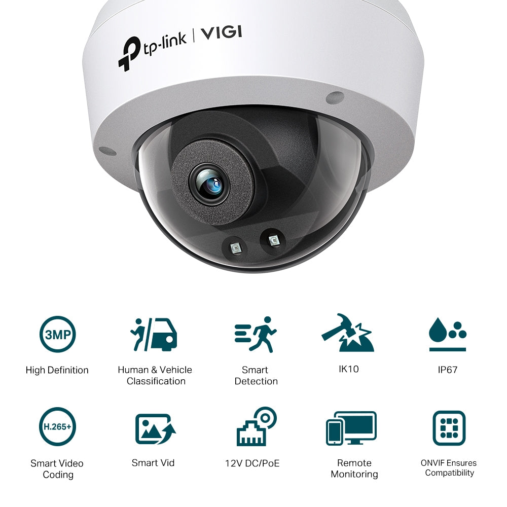 TP-Link VIGI C230i 3MP Super-High Definition IR Dome Network Wired CCTV Camera | Smart IR | IK10 Vandal-Proof | IP67 Waterproof | Smart Detection