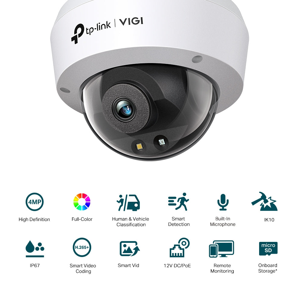 TP-Link VIGI C240 4MP Super-High Definition Full-Color Dome Network Wired CCTV Camera | Built-In Microphone | Smart IR | Vandal-Proof & Waterproof