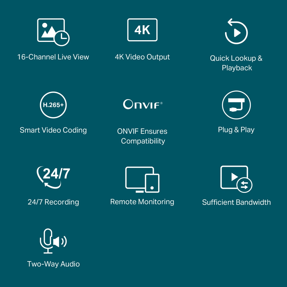 TP-Link VIGI NVR2016H 16 Channel Network Video Recorder | 2 SATA | 4K Output | 8MP Supported | H.265+ Compression | Synchronous Playback