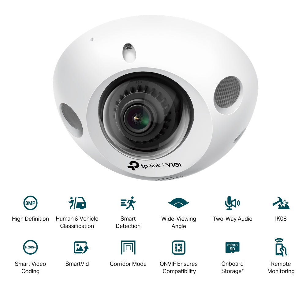 TP-Link VIGI C230i Mini 3MP Super-High Definition IR Dome Network Wired CCTV Camera | Two-Way Audio | Smart IR | IK08 Vandal-Proof | Wide Angle