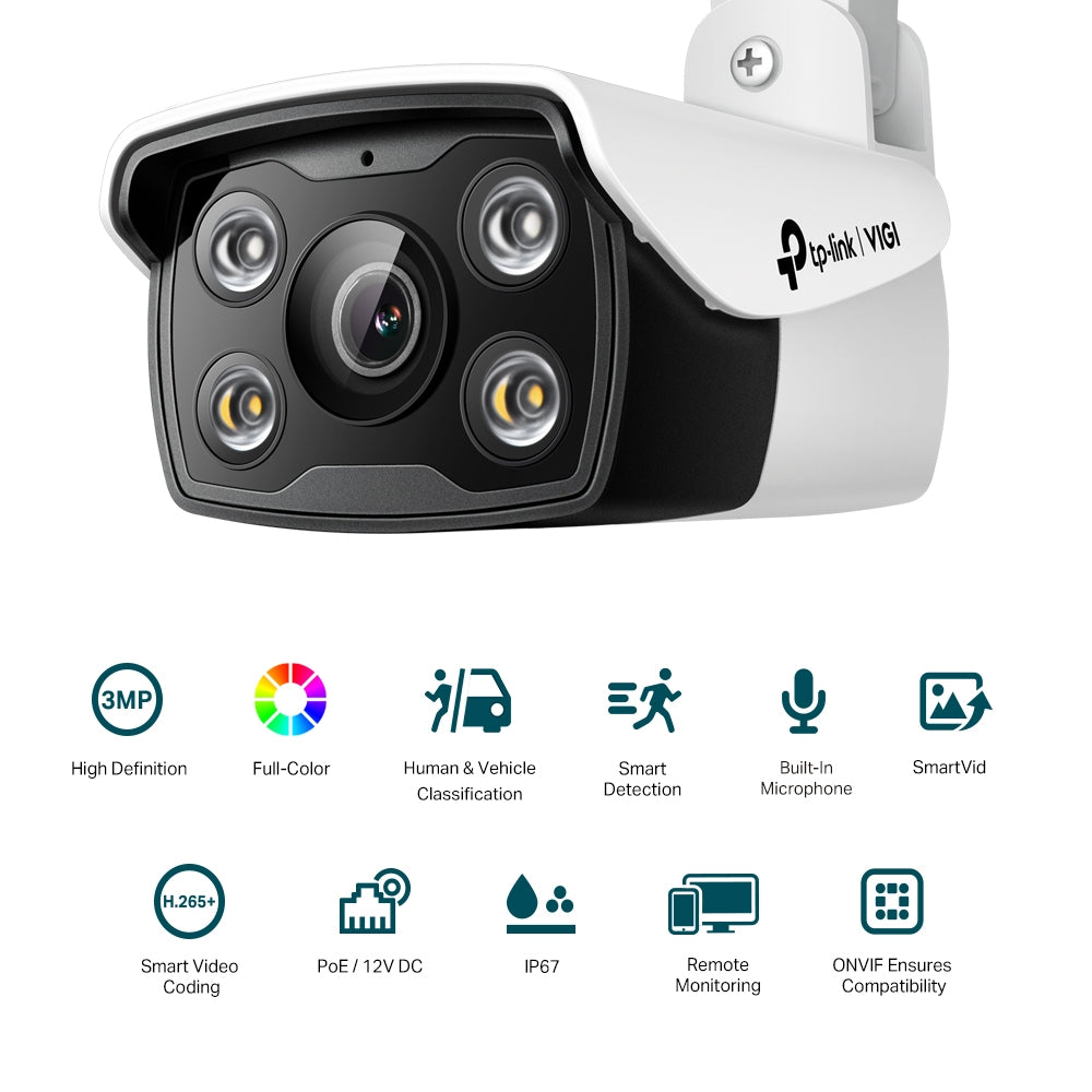 TP-Link VIGI C330 VIGI 3MP HD Outdoor Full-Color Bullet Network Wired CCTV Camera | Built-In Microphone | Smart IR | Waterproof | Smart Detection