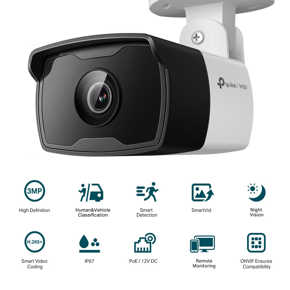 TP-Link VIGI C330i VIGI 3MP HD Outdoor Bullet Network Wired CCTV Camera | Smart IR | Waterproof IP67 | H.265+ | Smart Detection