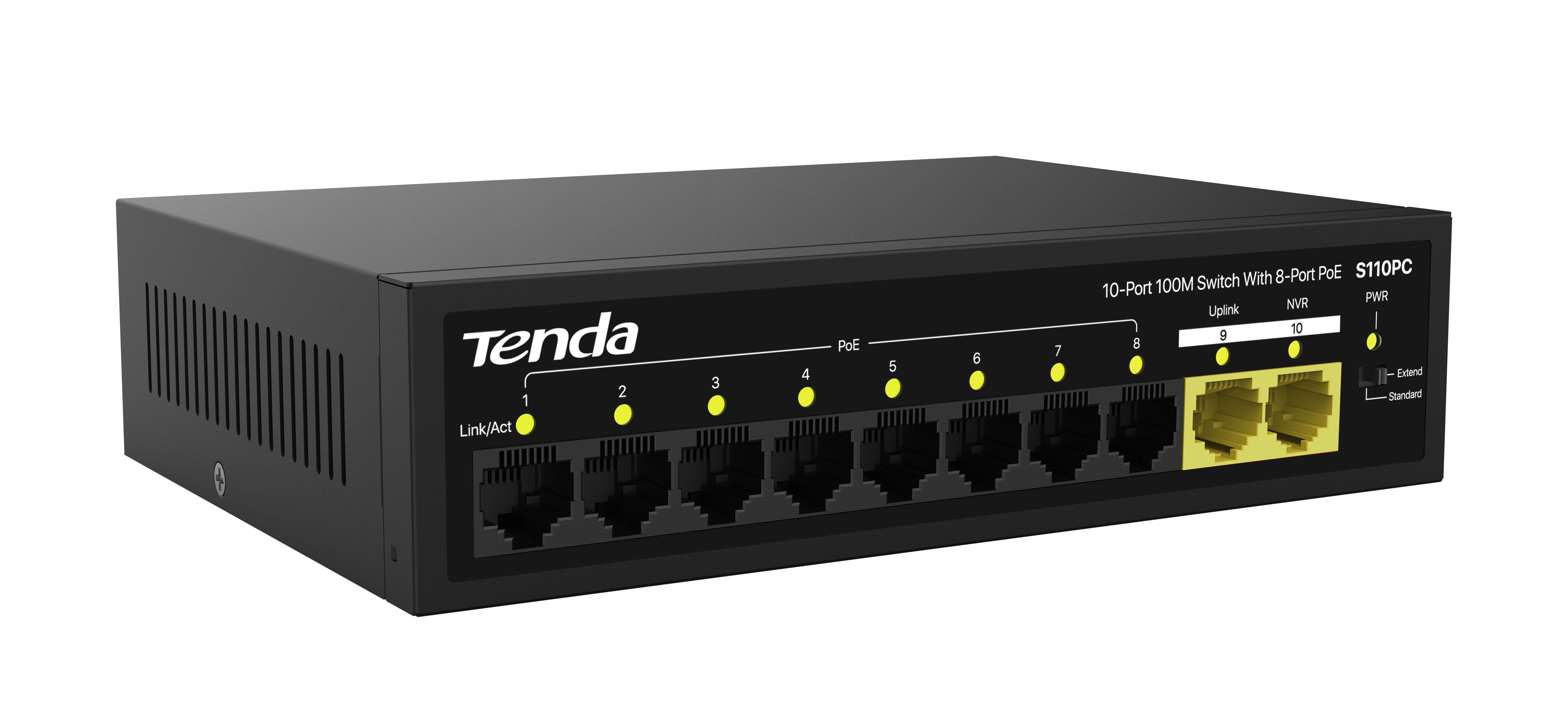 Tenda S110PC  10-Port 100M Lite PoE Switch with 8-Port PoE | 80W PoE Budget | Desktop / Wall Mounting Supported | 4KV lighting protection