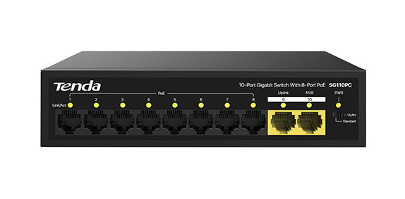 Tenda SG110PC  10-Port Gigabit Lite PoE Switch with 8-Port PoE | 100W PoE Budget | Desktop / Wall Mounting Supported | 4KV lighting protection