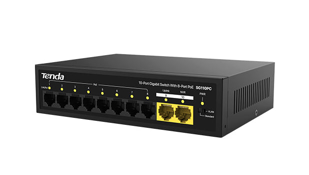 Tenda SG110PC  10-Port Gigabit Lite PoE Switch with 8-Port PoE | 100W PoE Budget | Desktop / Wall Mounting Supported | 4KV lighting protection