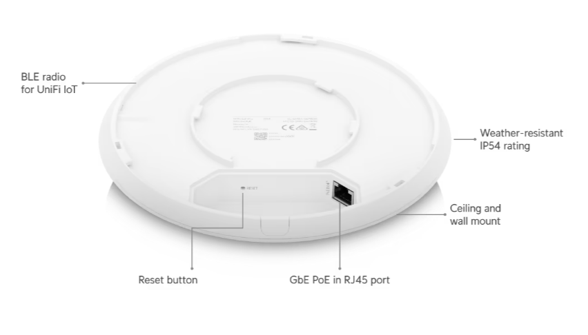 Ubiquiti U6-Pro Access Point Ceiling-mounted PoE WiFi 6 AP with 6 spatial streams designed for large offices | 1 x GbE RJ45 port, 4x4 MIMO, 5.3Gbps Speed