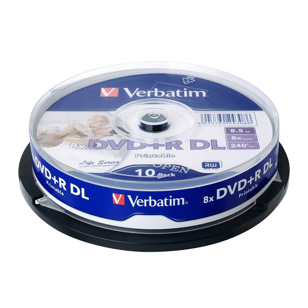 Verbatim DVD+R DL 8.5GB 8x Speed Inkjet Printable Spindle (10 Pack) 64308