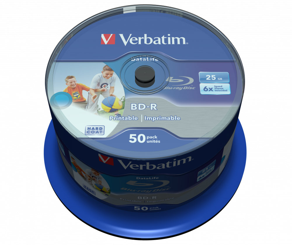 Verbatim BD-R 25GB Blu-ray Recordable Disc InkJet Printable 50 Pack Spindle | IJP Datalife Series, Part No. 43812
