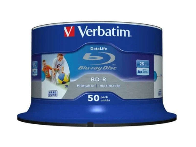 Verbatim BD-R 25GB Blu-ray Recordable Disc InkJet Printable 50 Pack Spindle | IJP Datalife Series, Part No. 43812